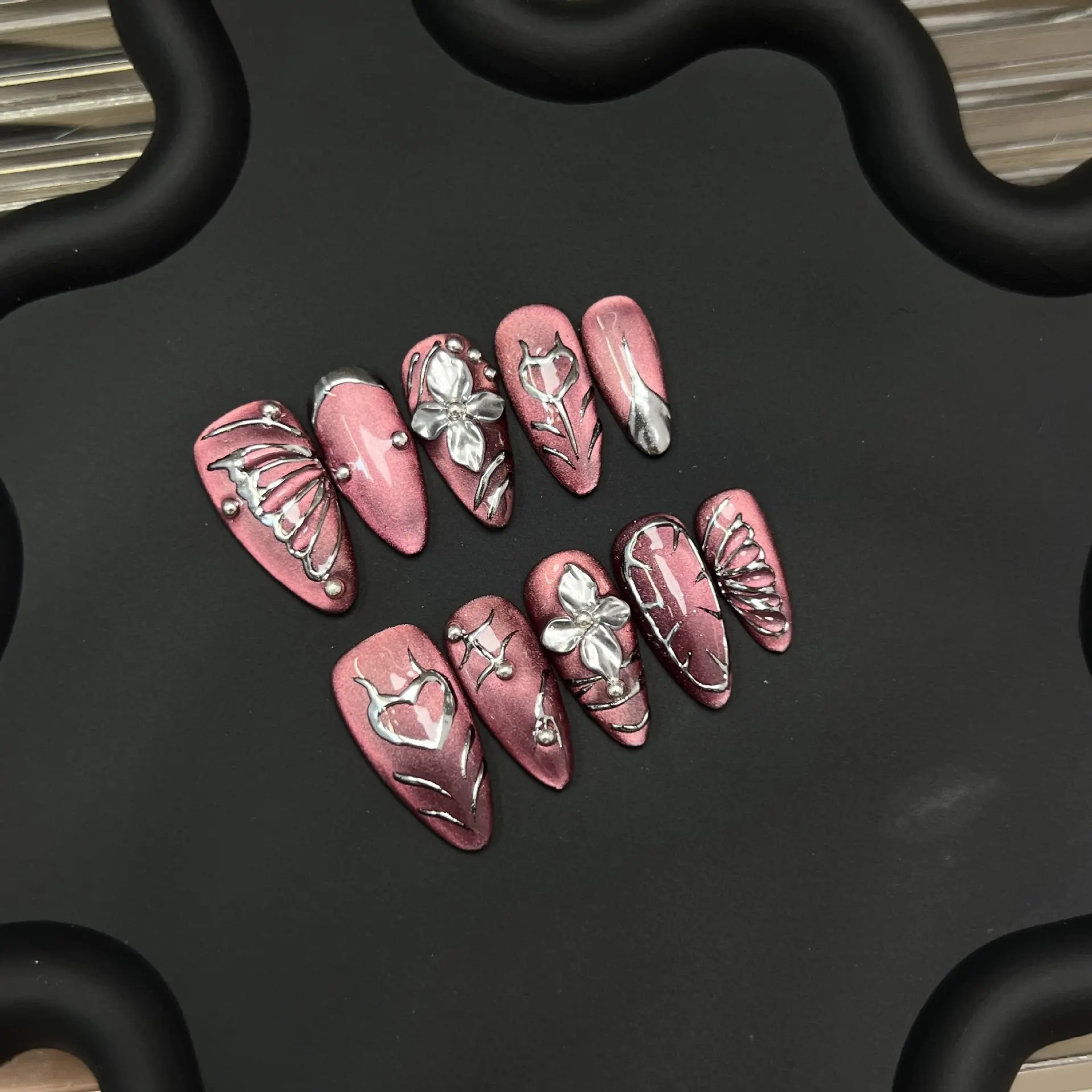 Atelier Handmade Pink Chrome Cat Eye Butterfly Press On Nails Long Stiletto Silver Metal 3D Flower Heart Outline Rhinestone Gothic Coquette Alt Aesthetic Glossy Reusable Daily False Pressons