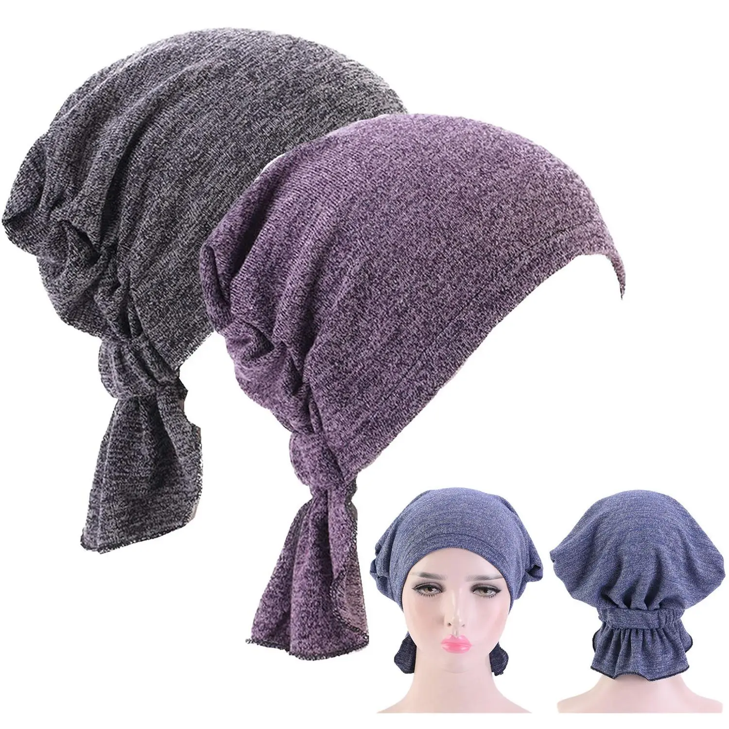 Women's Stretchy Cotton Turban Hat - Pre-Tied Hijab Head Scarf Wrap, Breathable Durable Non-Slip No-Pressure Bandana Cap, Solid Pattern, Gray&Wine&Khaki, 1 Size, Bedroom Chemo Hair Loss Daily Use, Prevents Fading, Cold/Flat Dry Only (Do Not Bleach), Eveni