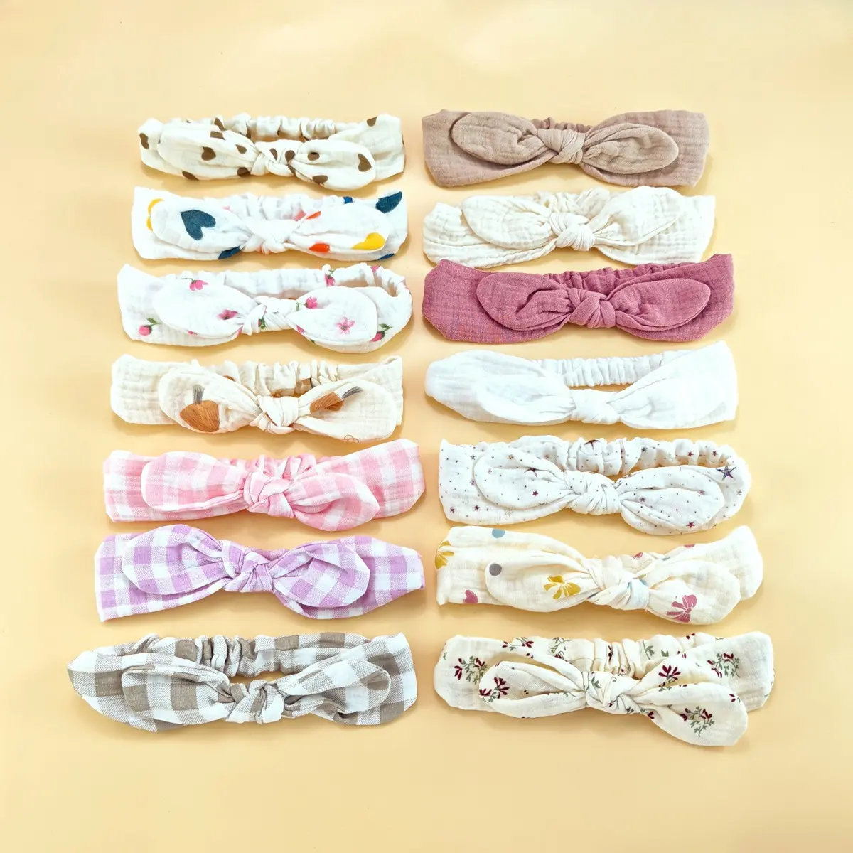 Cotton Headband with Rabbit Ears and Printed Bow for Newborn Girls, Soft Stretch Elastic Band, Ages 0-3 Years, Cute