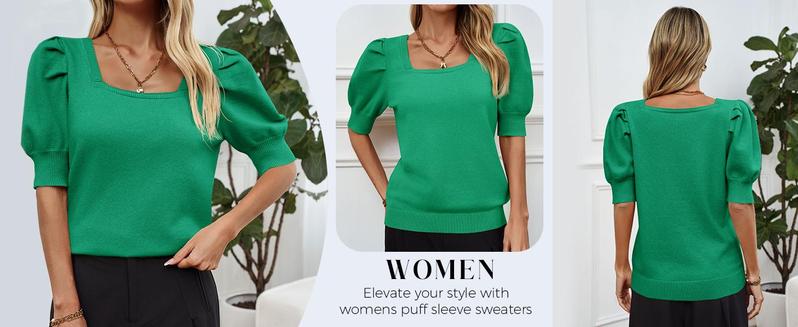 Imily Bela Women's Puff Short Sleeve Sweater Tops 2023 Spring Summer Trendy Square Neck Casual T Shirts Blouses
