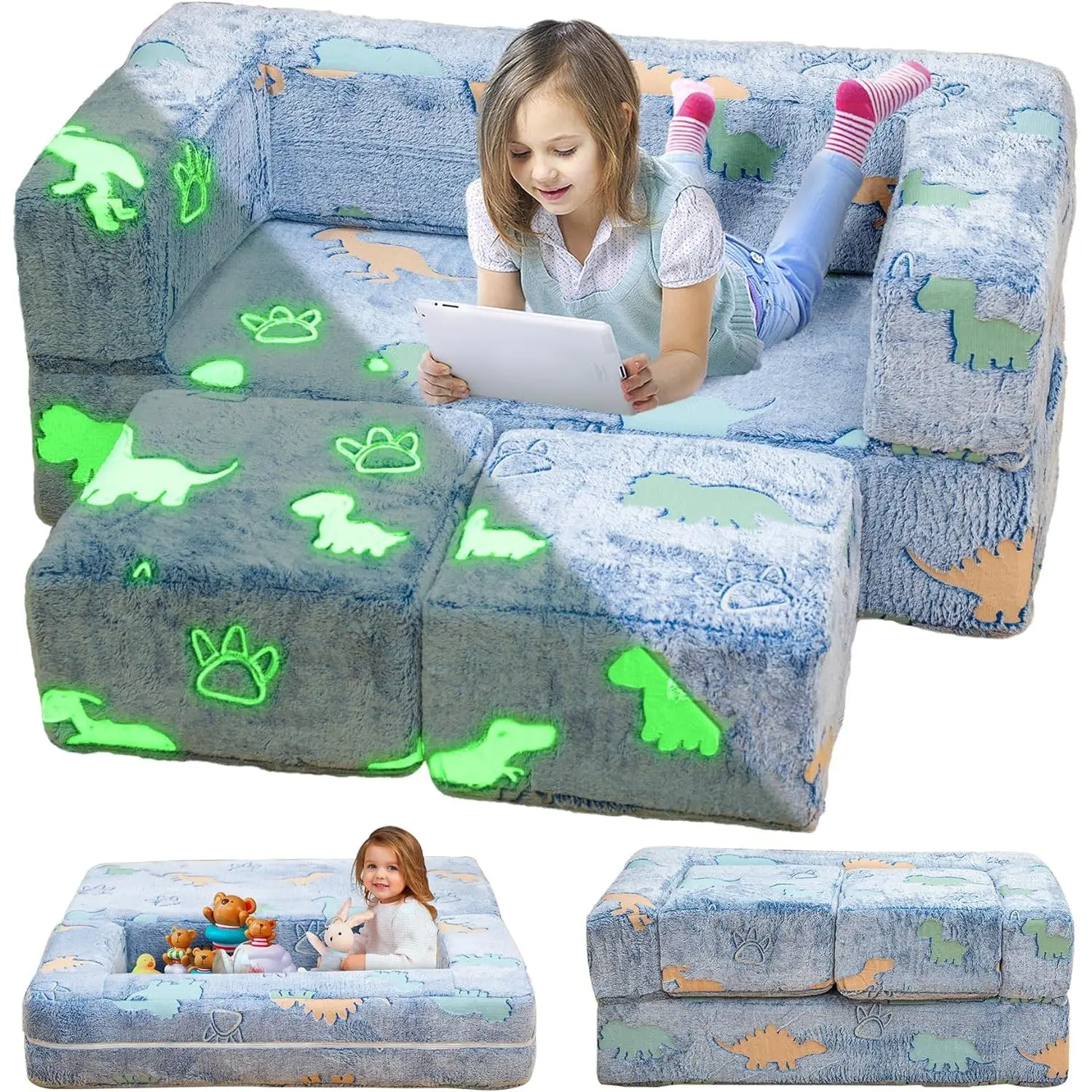 Toddler Couch, Glow in The Dark Kids Play Couch Toddler Fold Out Couch, Kids Fold Out Couch  playroom, Convertible Baby Fold Out Play Foam and Floor Cushion  Bedroom, Blue+Dinosaur