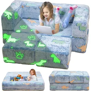 Toddler Couch, Glow in The Dark Kids Play Couch Toddler Fold Out Couch, Kids Fold Out Couch  playroom, Convertible Baby Fold Out Play Foam and Floor Cushion  Bedroom, Blue+Dinosaur