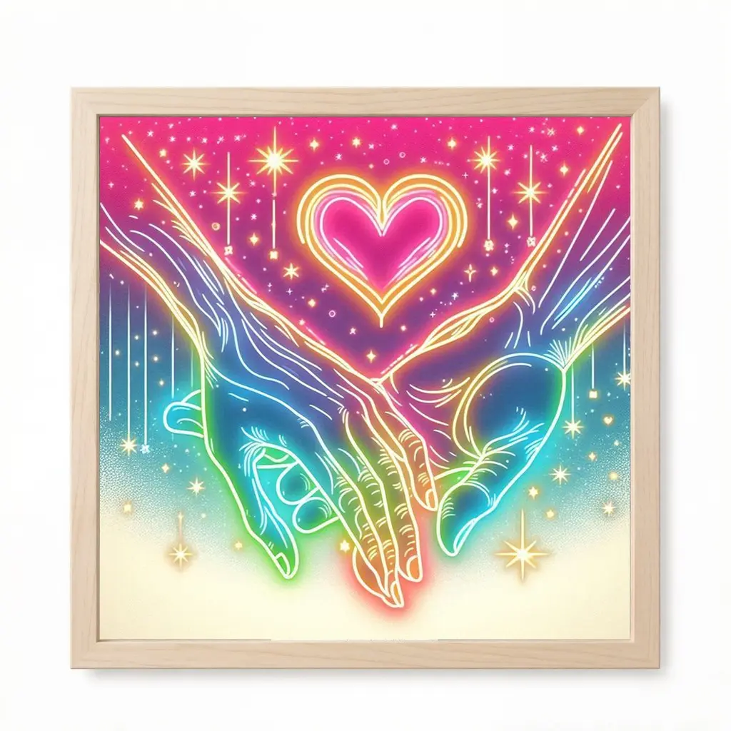 A 2D flat unframed handmade DIY diamond painting kit featuring neon heart hands and dreamy starry sky style, colorful gradients and shining stars, ideal for bedroom decor and DIY craft enthusiasts.
