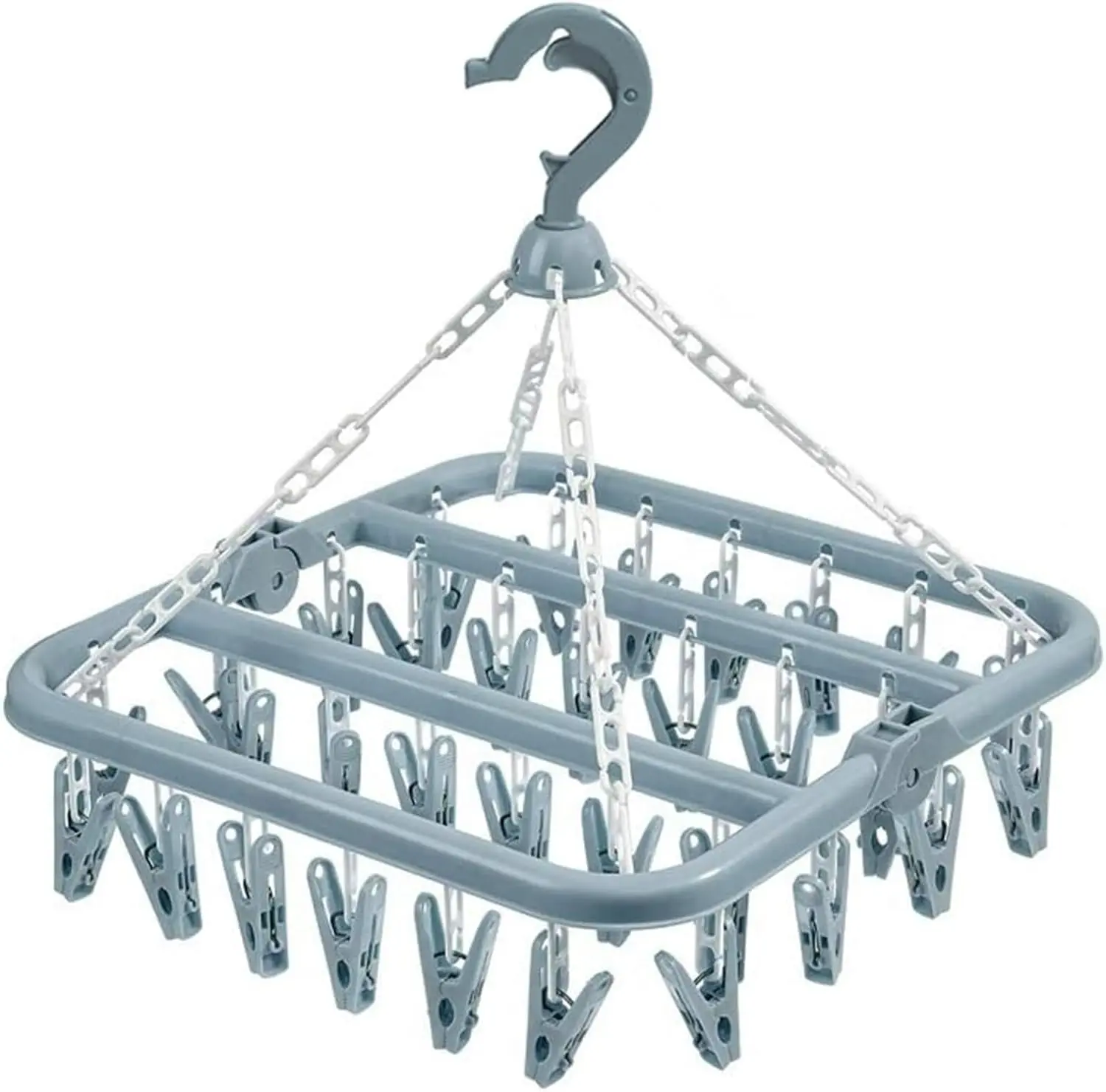 Foldable Clothes Drying Hanger with 32 Clips, Plastic Space-Saving Drip Dry Rack for Baby Items, Socks, Diapers, and Underwear - Light Blue, No Warning Applicable, With Clip