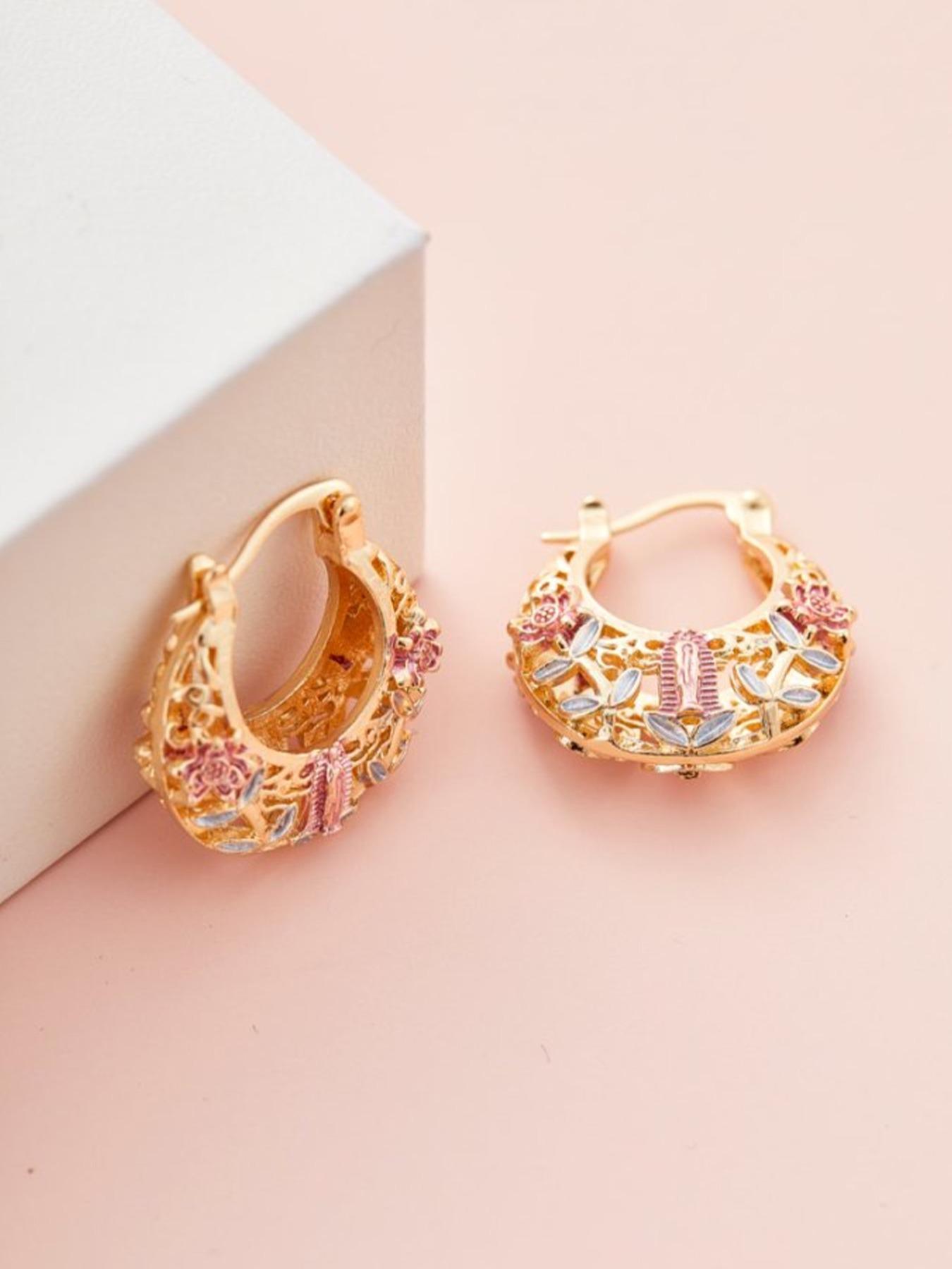 Vintage Flower Design Hollow Out Hoop Earrings, Fashionable Jewelry Accessories for Women, Trendy All-match & Exquisite Jewelry for Birthday Gift, Trendy Jewellery Accessories