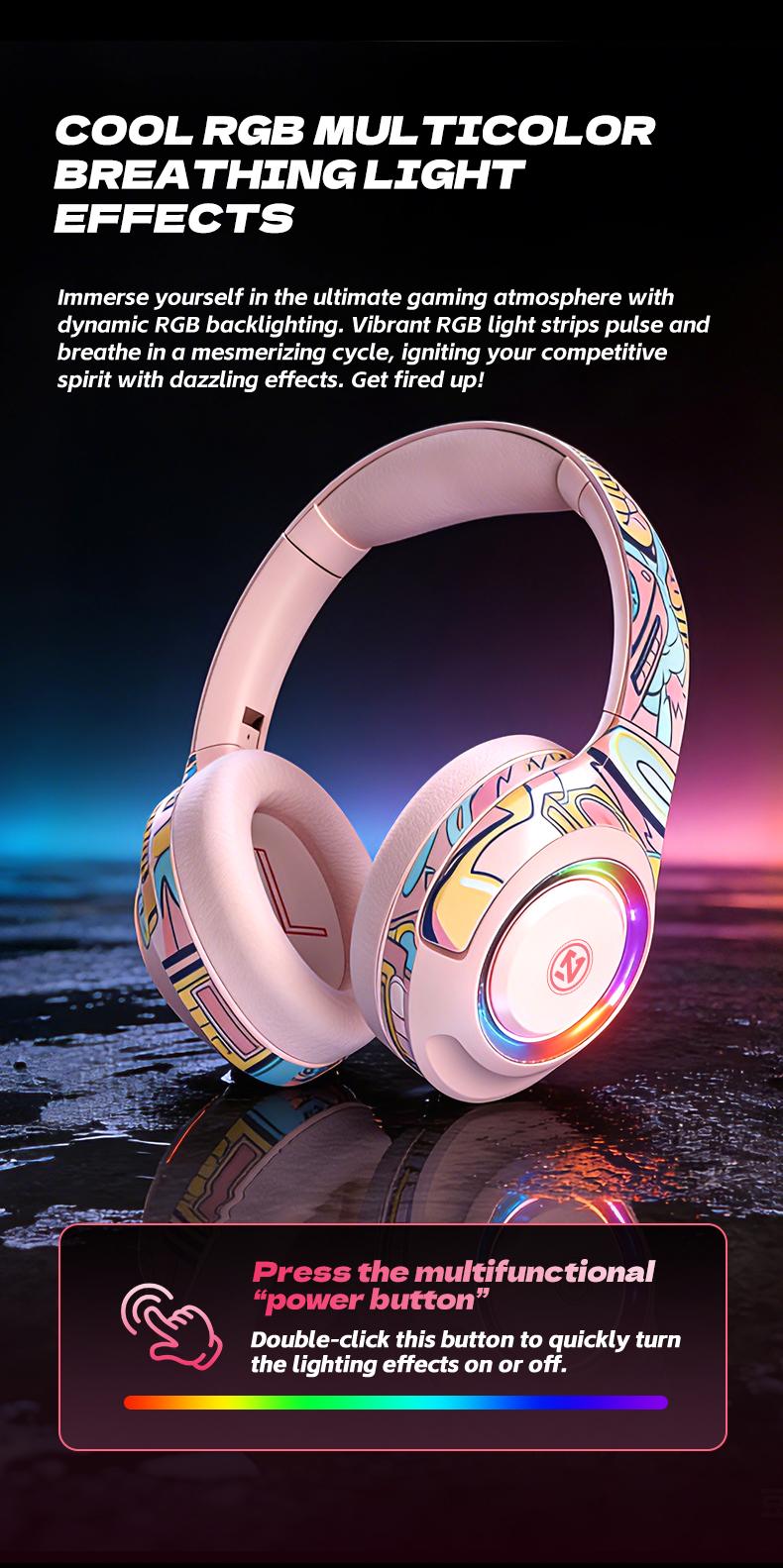 2026 New Wireless Bluetooth Gaming Headset with RGB Lights,40MM Driver,Noise Cancelling Mic,38H Playtime Headphones for PC/Mobile