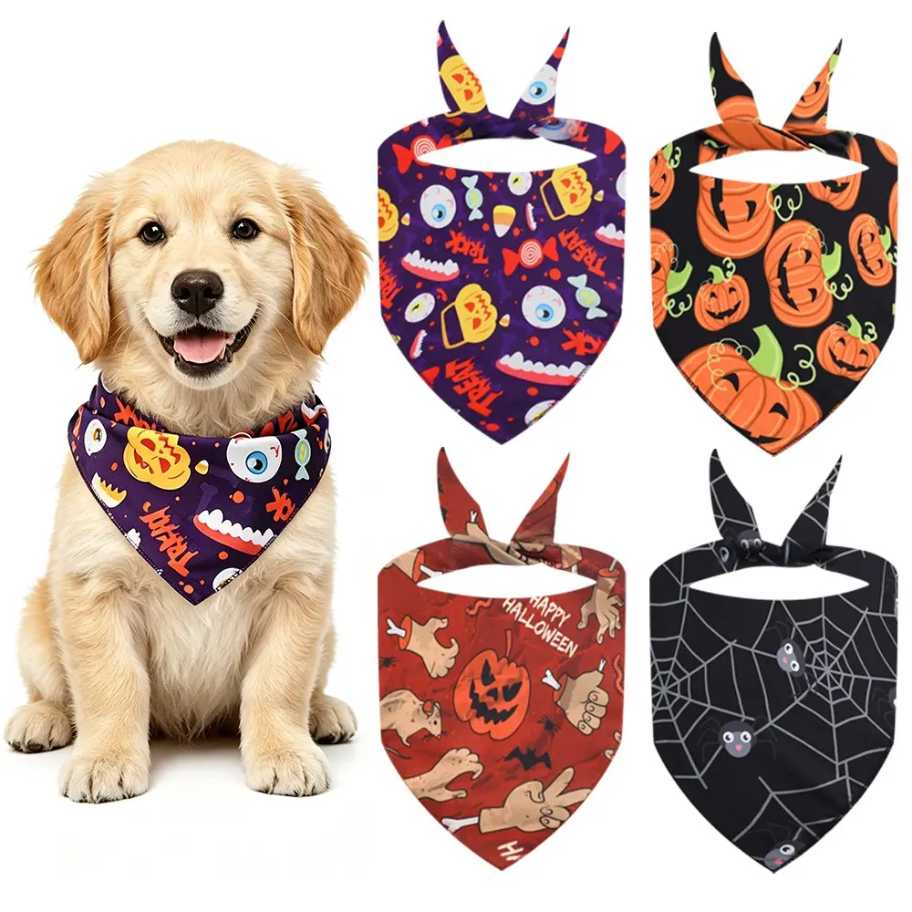 4 Pcs Halloween Dog Bandana Adjustable Neckerchief Triangle Dog Scarf Pumpkin Ghost Spider Web Print Bibs Halloween Skeleton Puppy Handkerchief Costume Accessories for Small Medium Large Pet