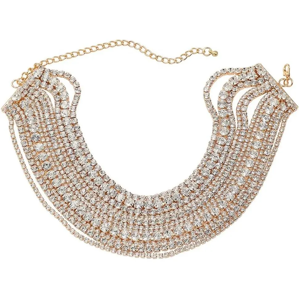 Women's Boho Rhinestone Choker Necklace with Layered Body Chain - Gold, Silver - Halloween, Christmas Gift, Layered Look