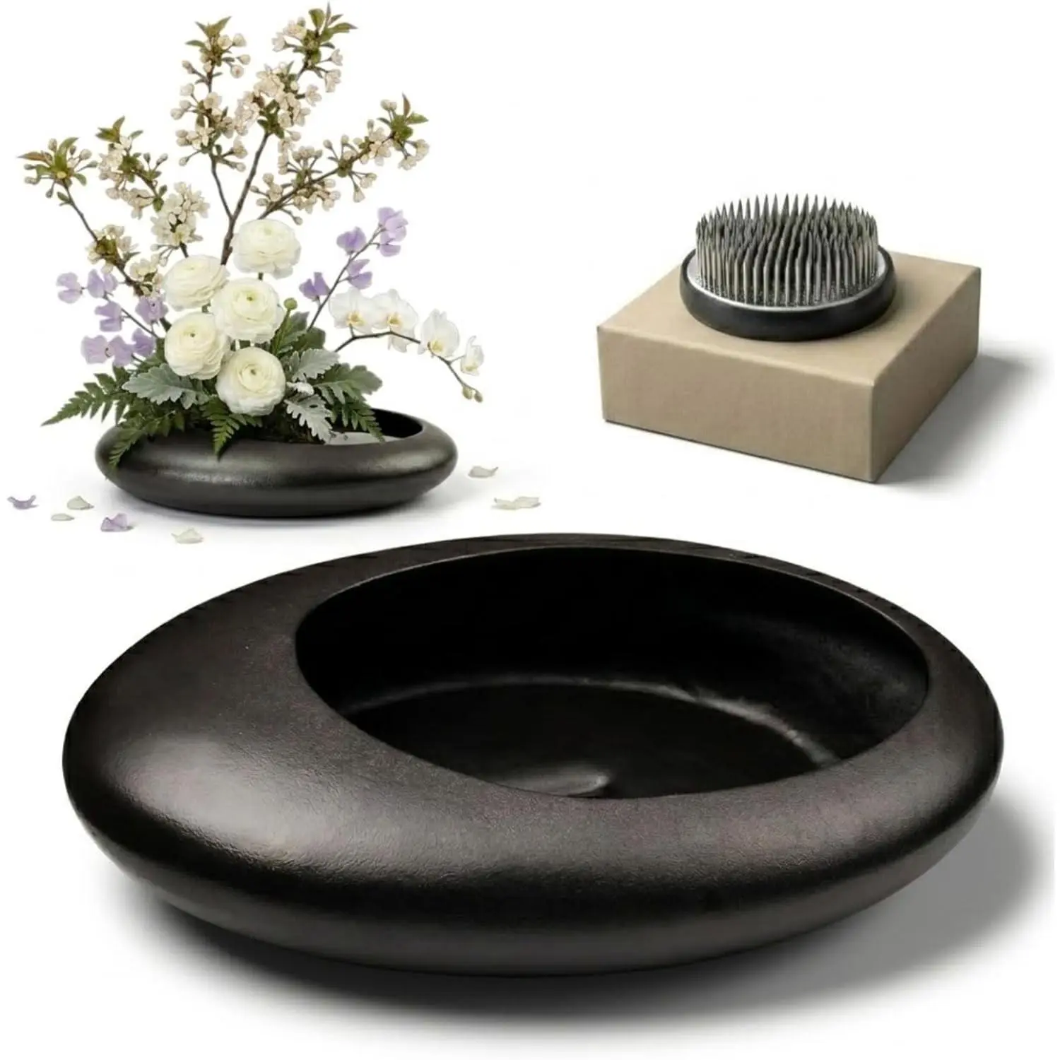 Ikebana Complete Kit - Japanese Flower Arrangement Vase Set with 2.4in Floral Frog, Black for Floral Arranging, Decor