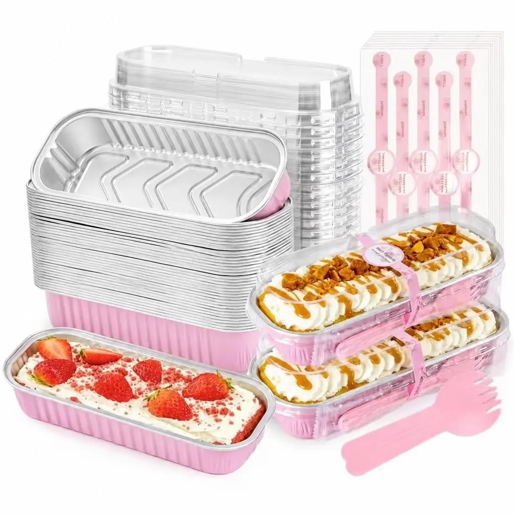 30Pcs 6.8Oz Rectangular Aluminum Foil Cake Pans with Clear Lids & Sporks, Disposable Mini Loaf Tins Dessert Containers, Baking Supplies for Party Favors & Picnic