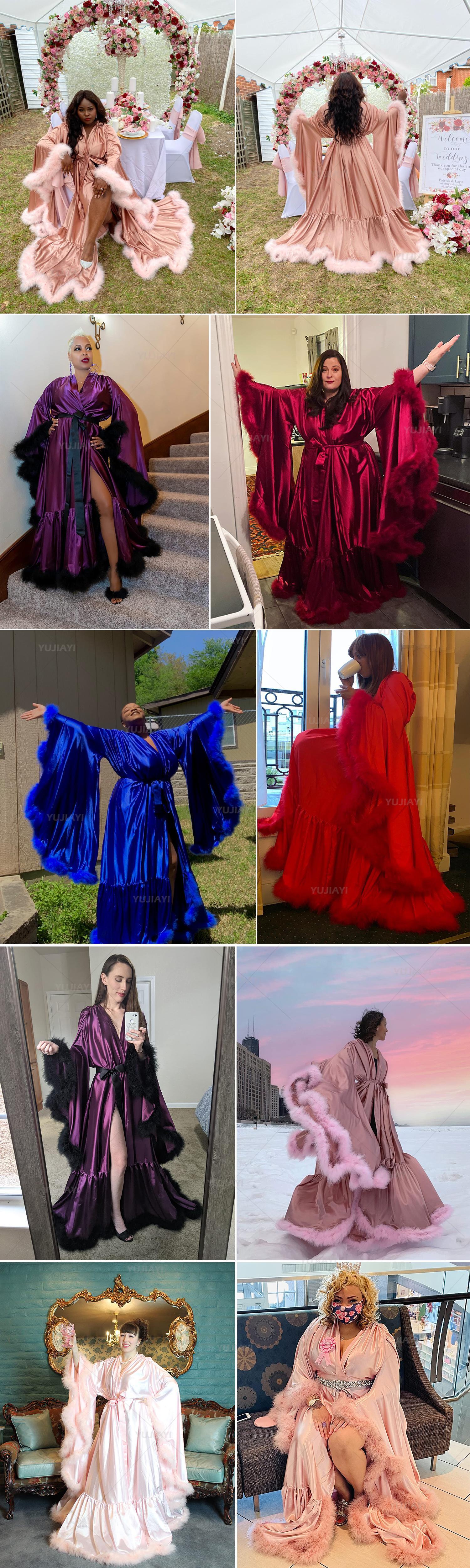 Bathrobe for Women Flare Sleeves Feather Bridal Robe Nightgown Silk Illusion Long Wedding Scarf Dressing Gown Photography Dress