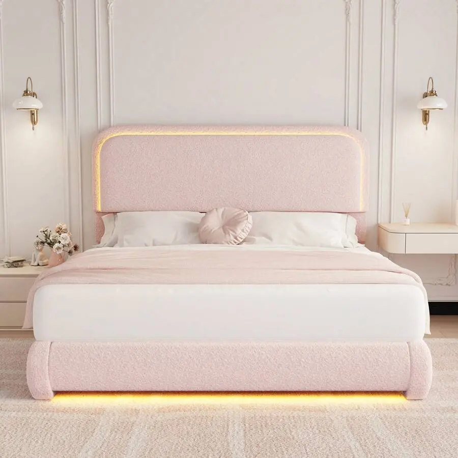 Full Size Teddy Fleece Boucle Fabric Upholstered Platform Bed Frame with Rounded Corners, LED Headboard, Silent Noise-Free Design, No Box Spring Needed, Easy Setup, Cream & Blush Pink, Full Size Bed, Led Illuminated Bed Frames