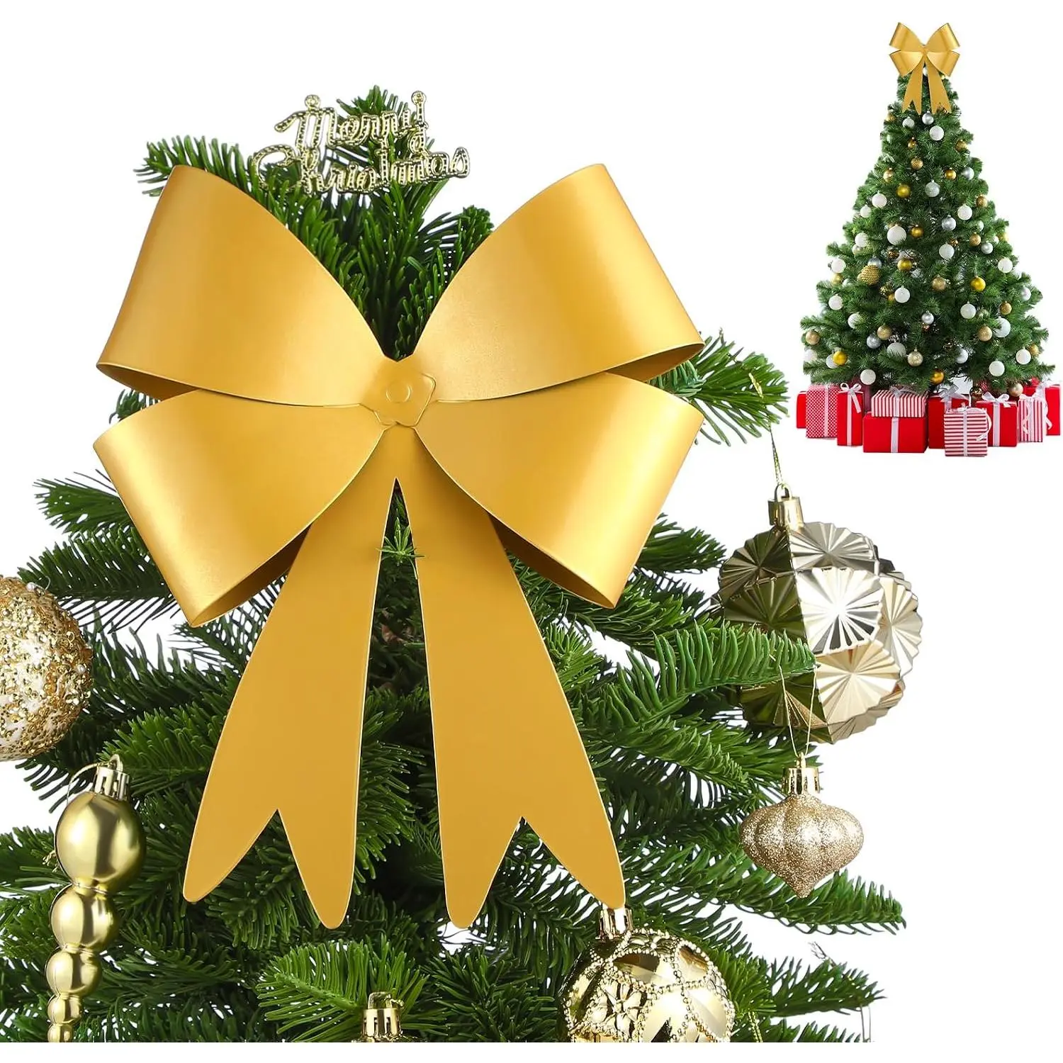 1 count Large Christmas Metal Bow Tree Topper Ornaments with Clip Christmas Bow Decoration for Xmas Tree Topper Garland Wreath Indoor Outdoor Decor, 10 x 8 Inches(Retro,)