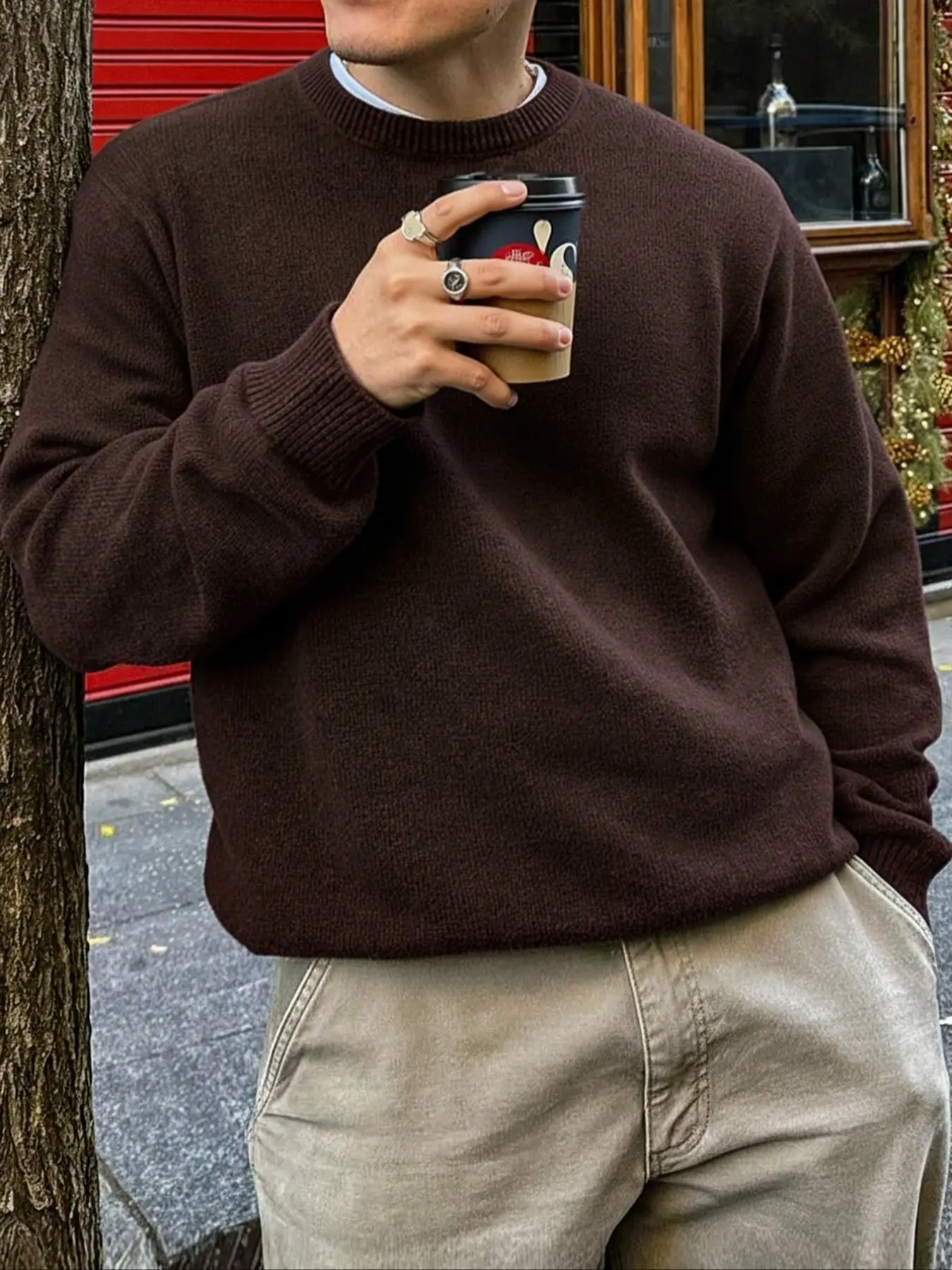 Men's Autumn Winter Casual Loose Knit Pullover, Menswear Long Sleeve Round Neck Knitwear Sweater, Plain Color High-End Daily Wear, Comfortable Fit, Classic