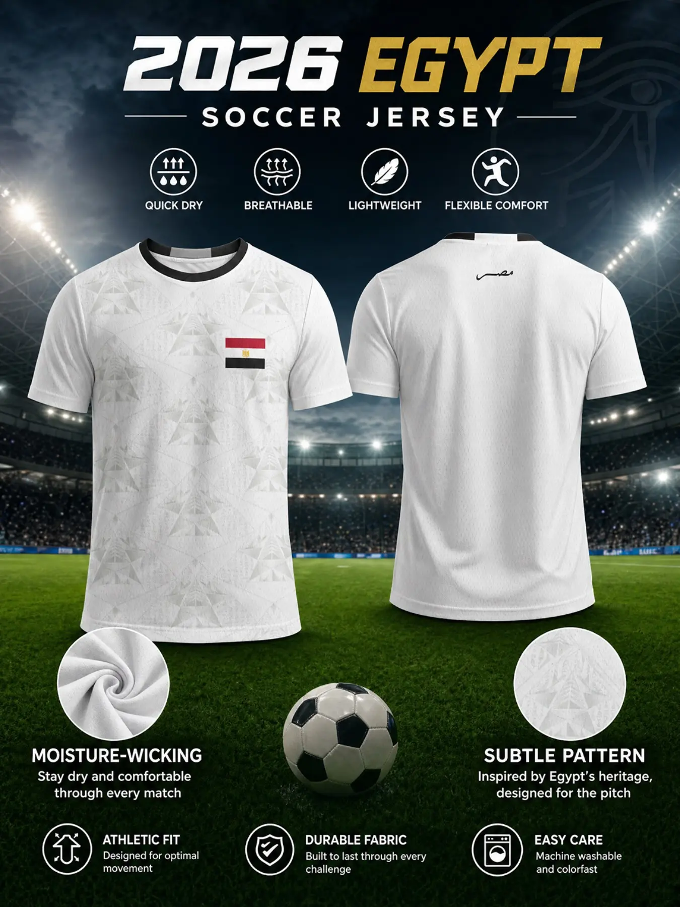 2026 Egypt National Team Away Soccer Jersey, Mesh Pyramid Geometric Print, Quick-Dry Breathable Lightweight Sportswear, Short Sleeve