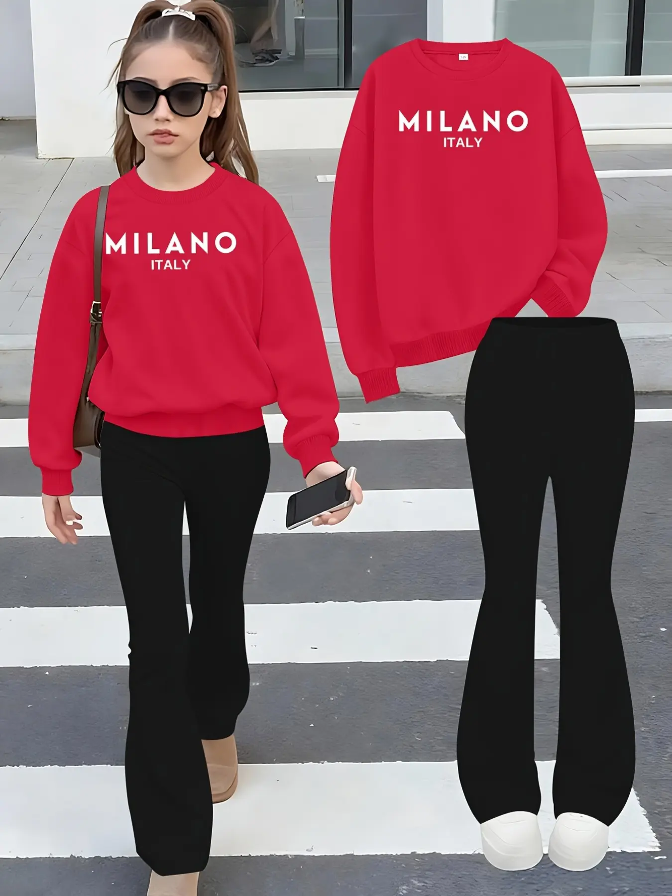 Retro street style bright red MILANO ITALY letter crewneck sweatshirt and black high waisted flared pants set for teen girls suitable for school street outing daily trending kids casual outfit