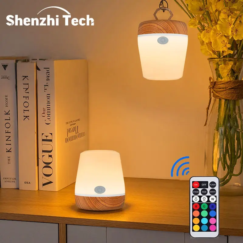 Wood Grain Night Light RGB Remote Control Bedside Lamp, Seven Color Changing LED Atmosphere Lamp, Small Night Light for Bedroom Decor