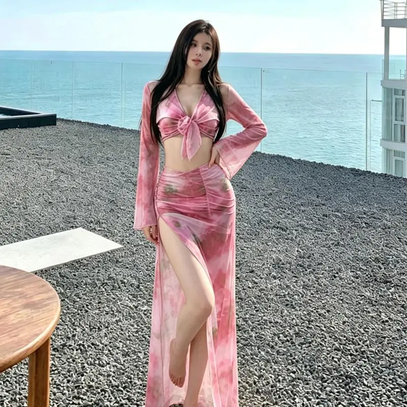 Elegant Long Sleeve Bikini Set Women's Beach Swimwear Korean Sexy Trendy Floral Polyester Fabric with Chest Pad No Steel Support