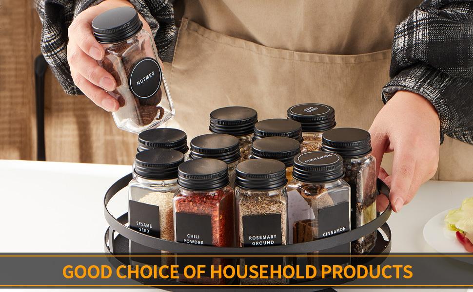 25 Pcs Spice with Label- Glass Spice with Black Metal Caps,Shaker Lids, Funnel, Chalk Pen, Brush,Cleaning Cloth 4oz Seasoning Containers Bottles for Spice Rack, Cabinet, Drawer