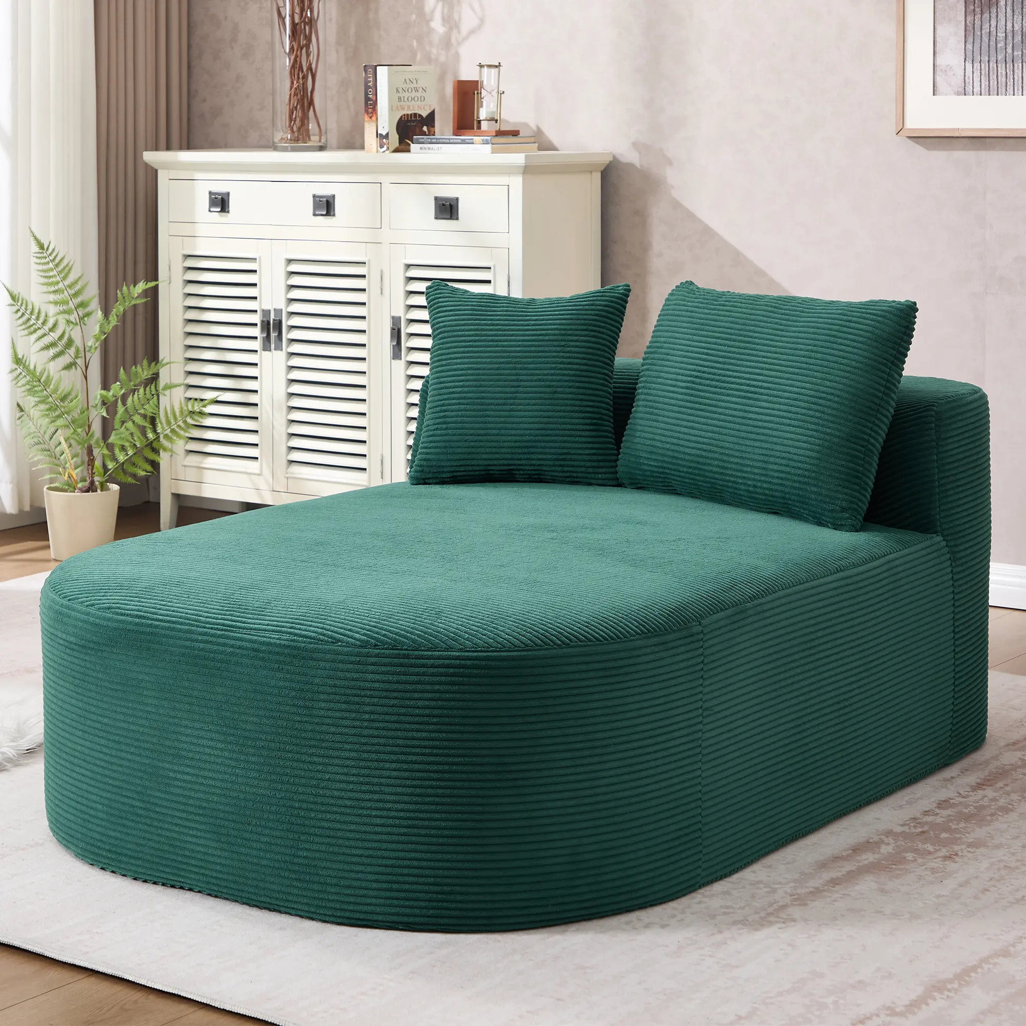 Nokaa Oversized Corduroy Chaise Lounge Chair 46" Wide Seat Deep Seat Sofa Bed for Living Room with Two Pillows Convertible Boneless Sleeper Sofa, Twin Size, Green, No Assembly Required