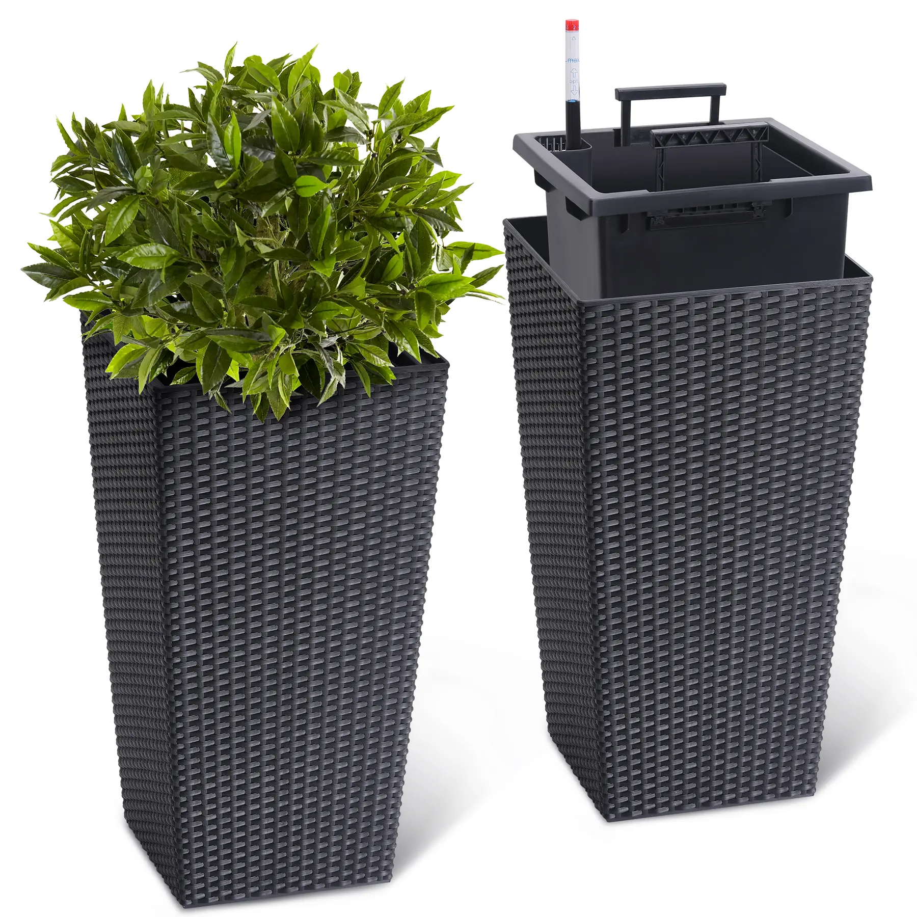 Heavy Duty Tall Wicker Planters, Set of 2 - 22.5" & 16" Large Outdoor Flower Pots with Detachable Liners & Drainage Holes - Modern Patio, Porch, Garden, Indoor Plants Decor