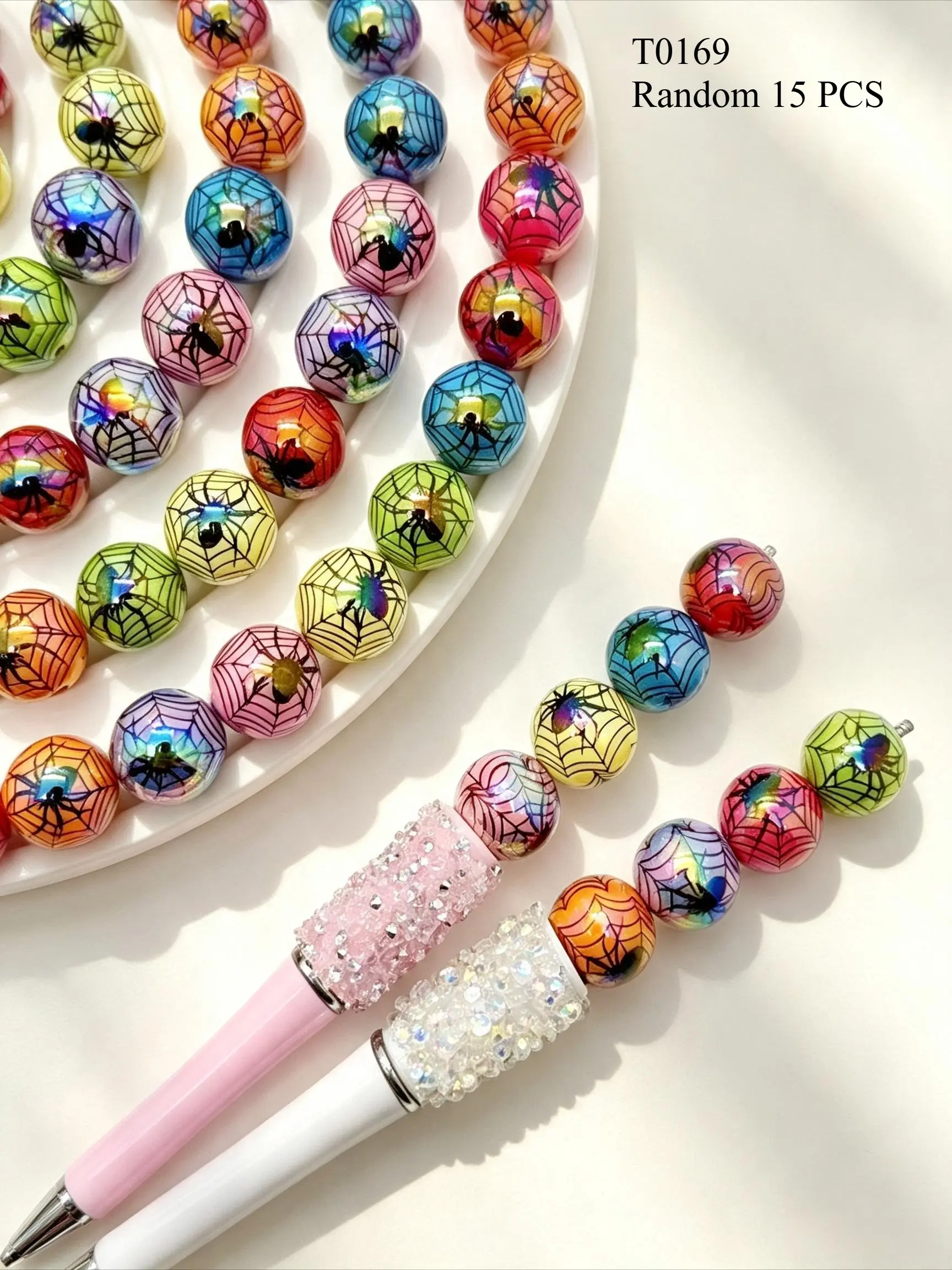 15pcs Colorful Spider Web Acrylic Beads, Halloween Spider Print Loose Beads, DIY Gothic Horror Jewelry Accessories, Handmade Bracelet Necklace