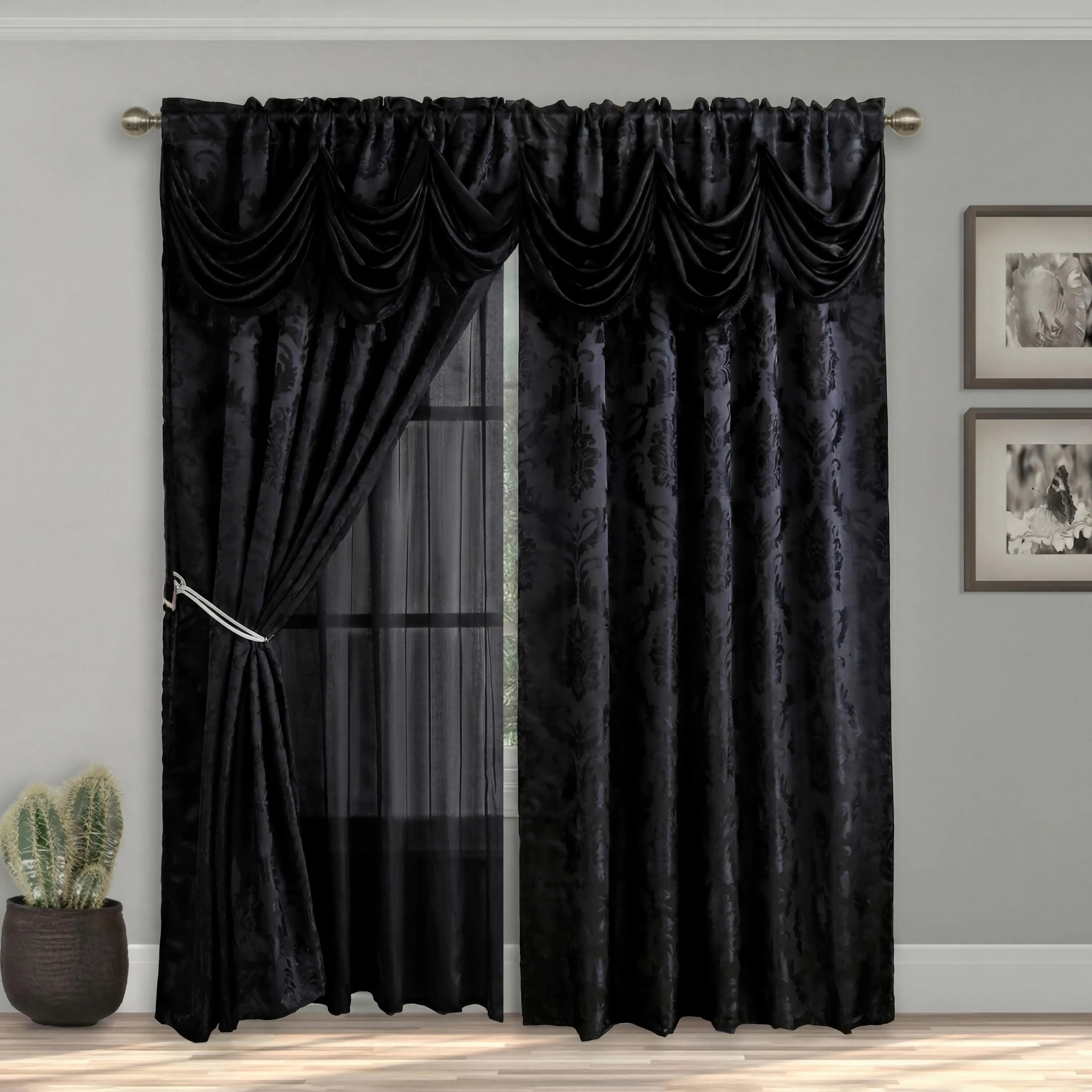 Premium Double Layer Jacquard Rod Pocket Blackout Drapes - 2-Panel 52"x84" with Waterfall Valance, Wrinkle Resistant, Anti-Shrink, Durable, Double Layer Construction, Home Accessory for Bedrooms, FT7777 Summer Gift