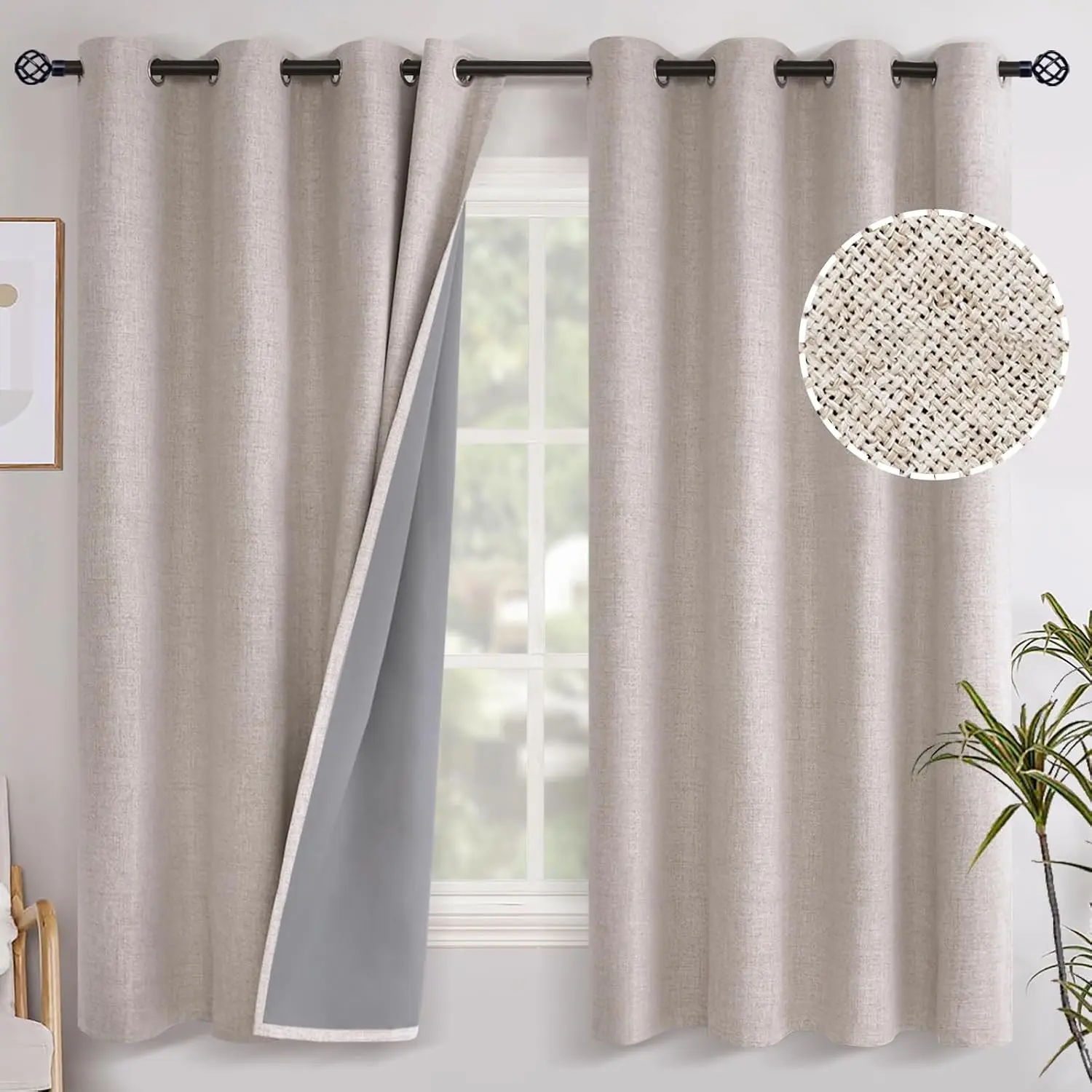 Linen Blackout Curtains 63 Inch Length for Bedroom Living Room, Beige Thermal Insulated Grommet Window Drapes, 2 Panels, 52 X 63 InchGift