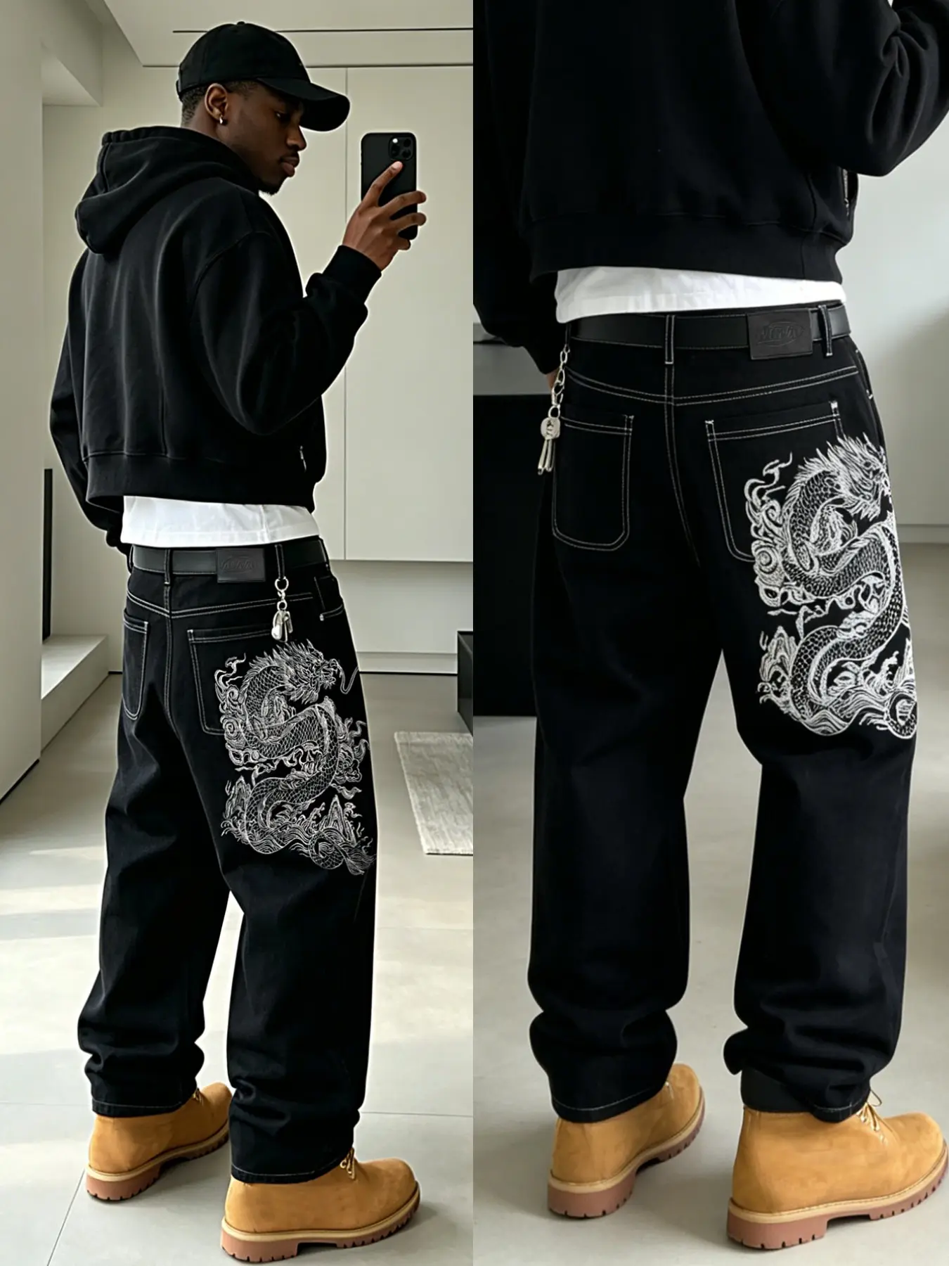 Men's Vintage Streetwear Wide-Leg Jeans, Dragon Embroidery, Loose Fit, All Seasons, Trendy Retro Design, Hip-Hop Y2K Rock Style