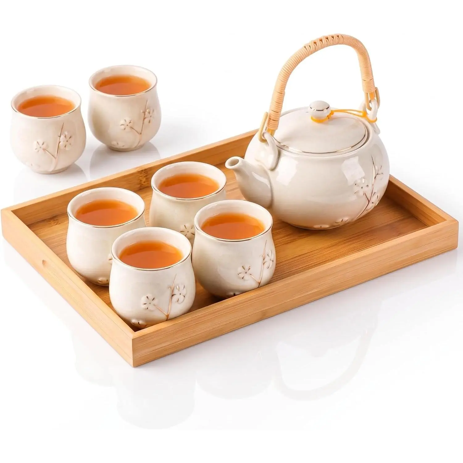Layhit Japanese Asian Tea Set for Adults with 1 Teapot 6 Cups 1 Tray, 20 oz Traditional Portable Japanese Kiln Altered Glaze Porcelain Tea Set for Women Mother's Day Gifts(White, Plum)
