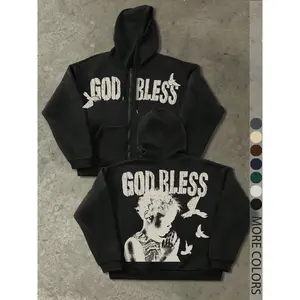 Men's Zipper Hoodie Sweatshirts, Vintage American Classic Style, 'god Bless' Slogan & Praying Hands Print, Streetwear for Spring Autumn Winter