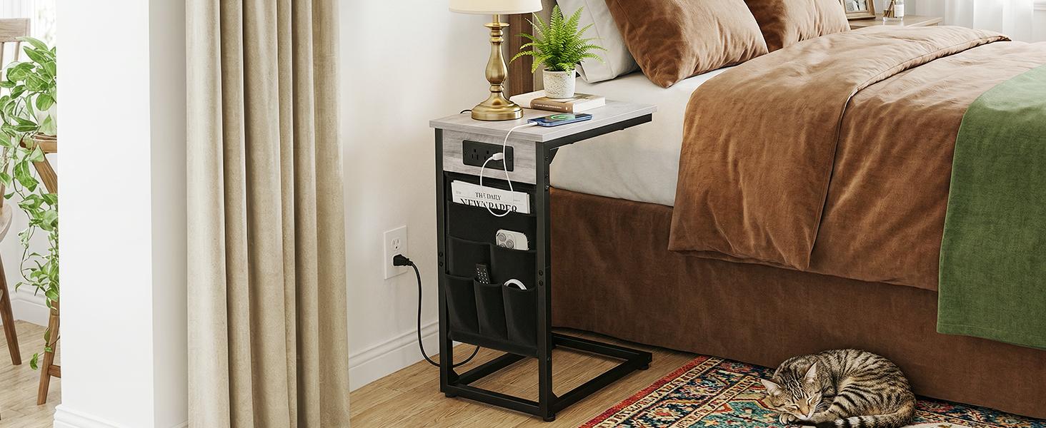 Shaped End Table , TV Tray Set of 2, Couch Tables with Storage Bag, Slide Under Sofa Side Table with USB Ports and Outlets for Living Room, Grey HET04CGY
