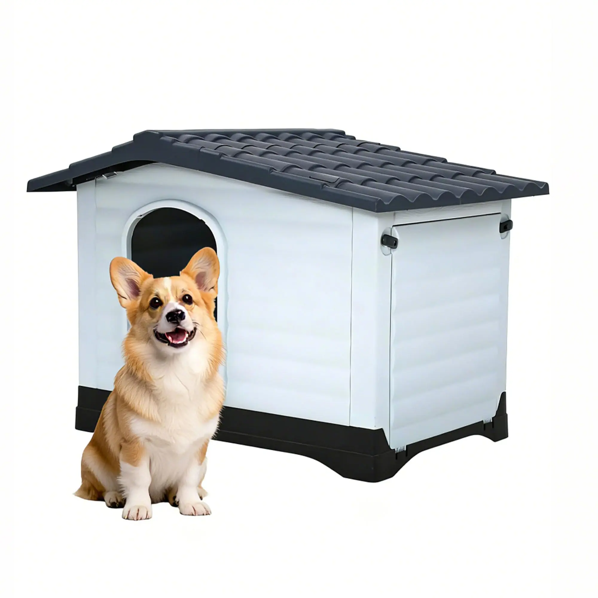 2-Door Small Dog House, Indoor Outdoor Waterproof Pet House with Fold-Out Porch, Elevated Base, Easy Assembly Spacious Shelter for Small Medium Large Dogs