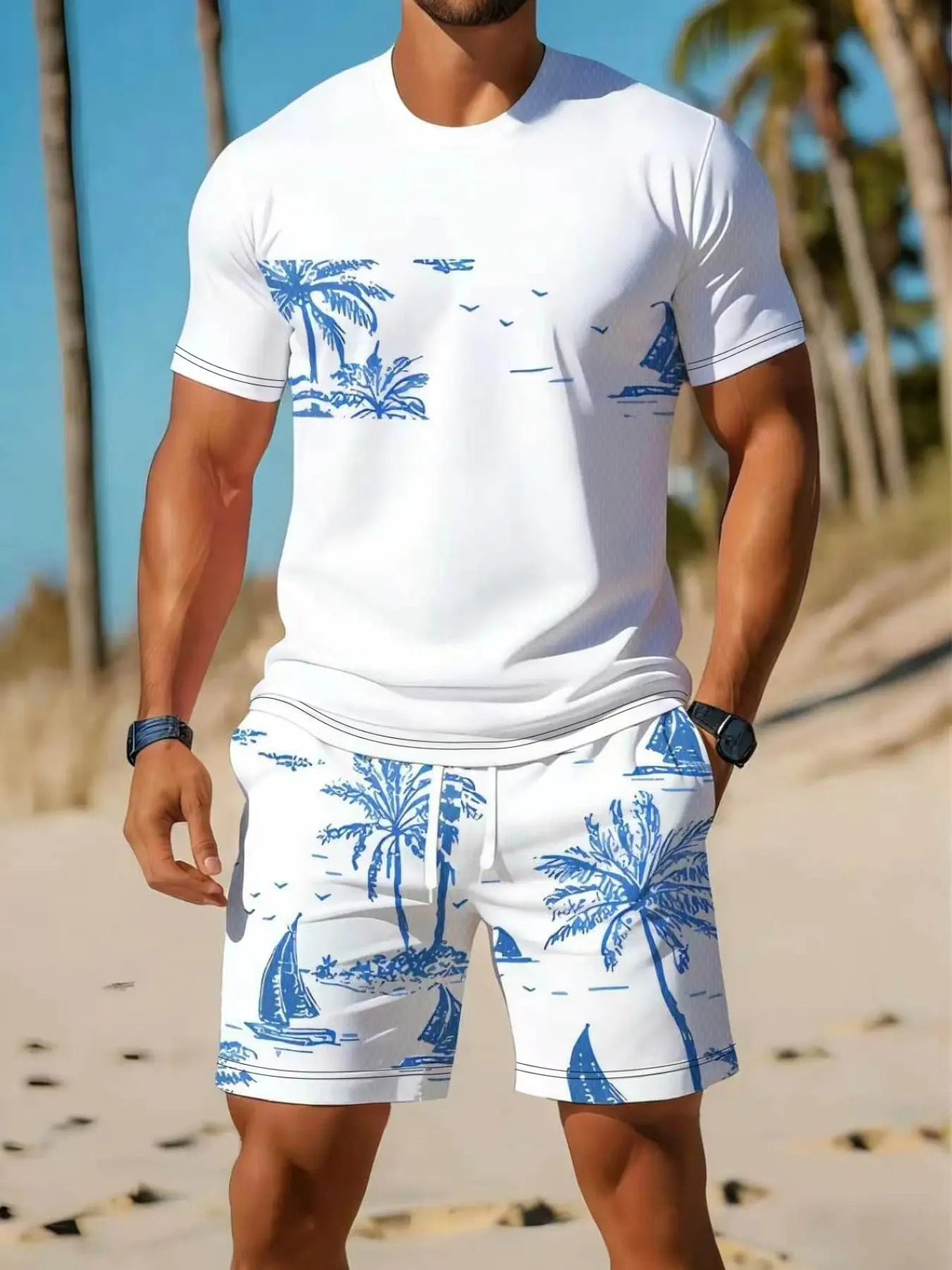 Men's Summer Set Short Sleeve Fitted Tee + Matching Printed Beach Shorts, Blue Palm Sail Tropical Pattern, Casual Vacation Vibe Two-Piece, Menswear
