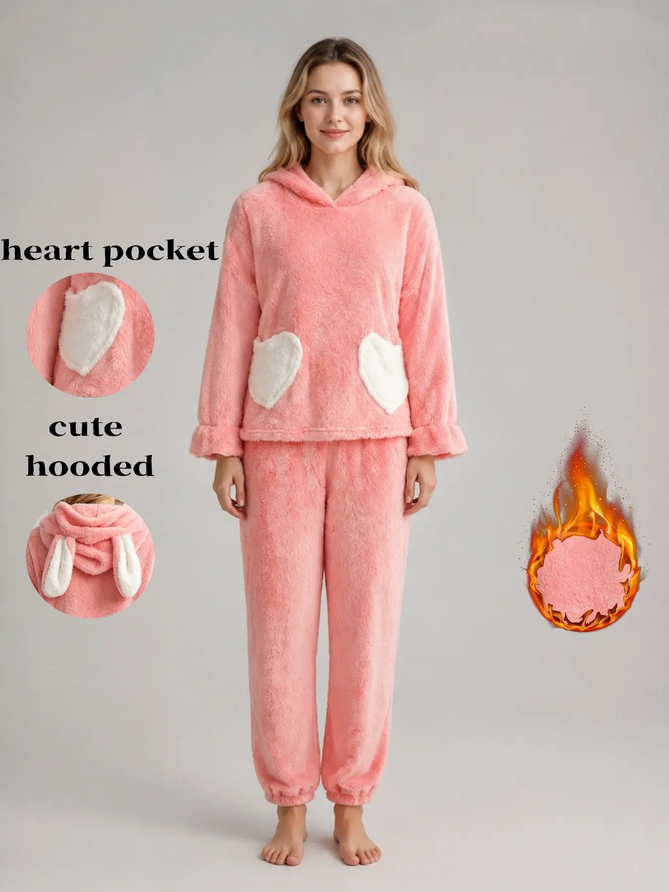 Cute Rabbit Ears Hooded Two-Piece Pajama Set, Cozy Polar Fleece, Heart Patch Pockets, Loose Fit, Warm Home Wear for Fall Winter