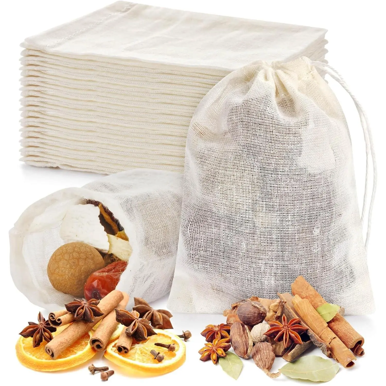 36PCS Drawstring Muslin Bags, 3x4In Reusable Empty Tea Bag for Loose Tea, Natural Cotton Unbleached Cheese Cloth Bag, Spice Bags for Filtering Cooking Soups/Herbs/Herbal Tea/Cold-Brewed Coffee