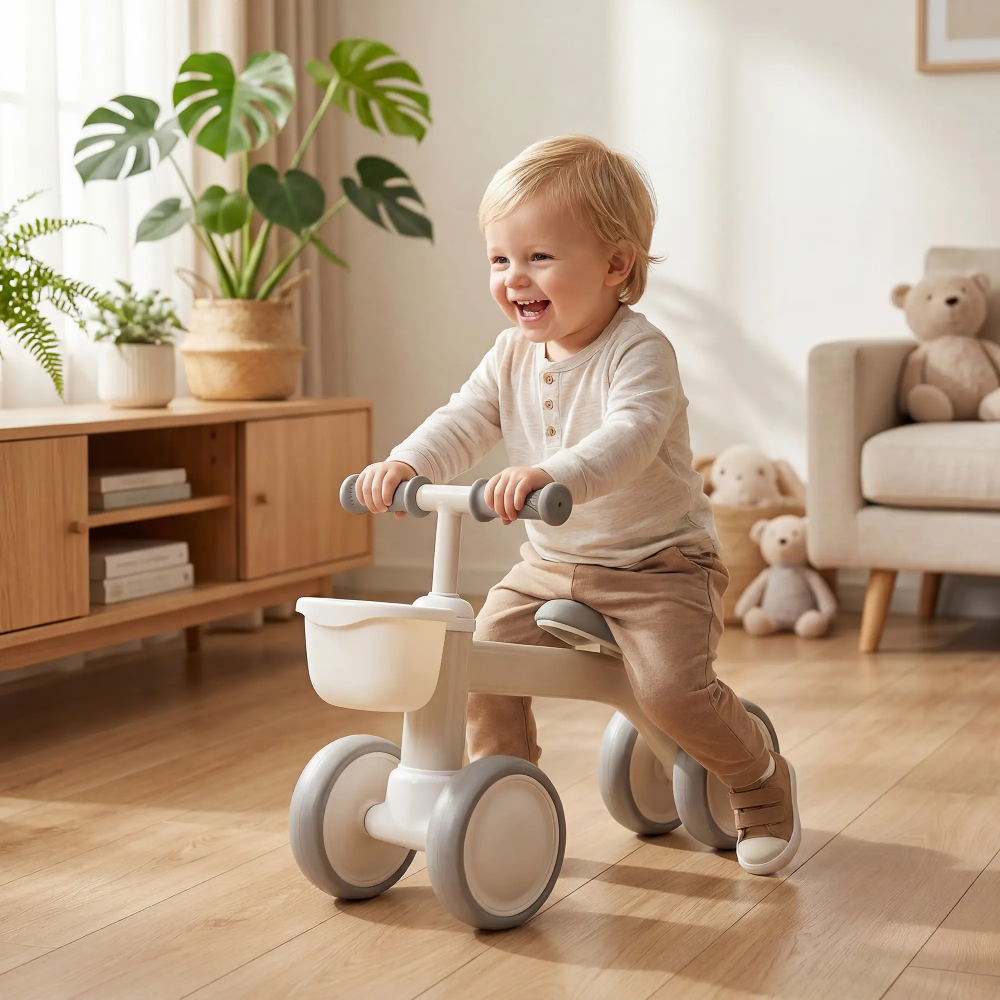 GARVEE 4-Wheel No-Pedal Balance Bike for 12-36 Months Toddlers - 4.1 lbs Lightweight, Adjustable Padded Seat, Removable Basket, 55 lbs Capacity, White - Easy Assembly, Birthday/Baby Shower Gift for Boys & Girls
