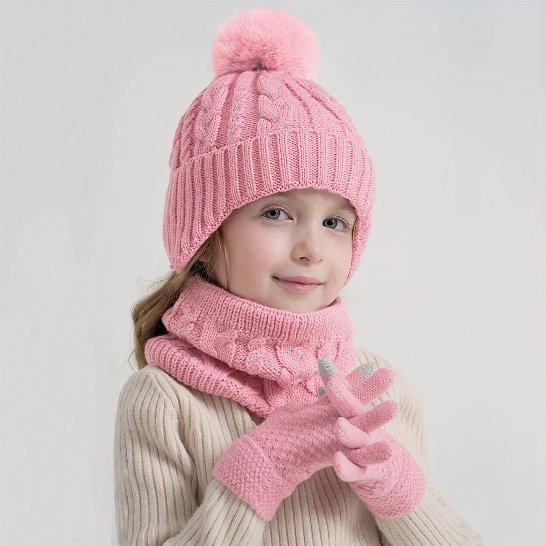 3pcs Winter Warm Hat, Gloves & Scarf Set - Soft Stretchable -like Ear Protection Outfit with Pink Bow-like Pom-Poms, Beige//Gray Color Options for Boys & Girls (Ages 3-8) - Hand Washable Cold Weather
