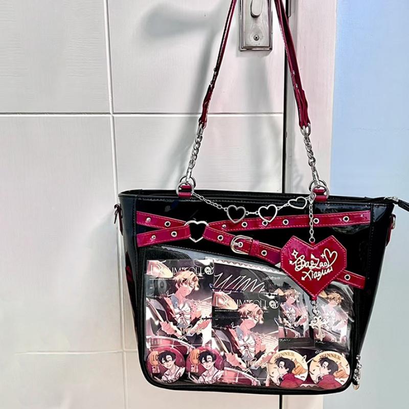 Fashion Y2k Hot Girl Transparent Ita Bag, Diy Display Bag Heart Chain Decor Handbag, Streetwear Large Capacity Crossbody Bag