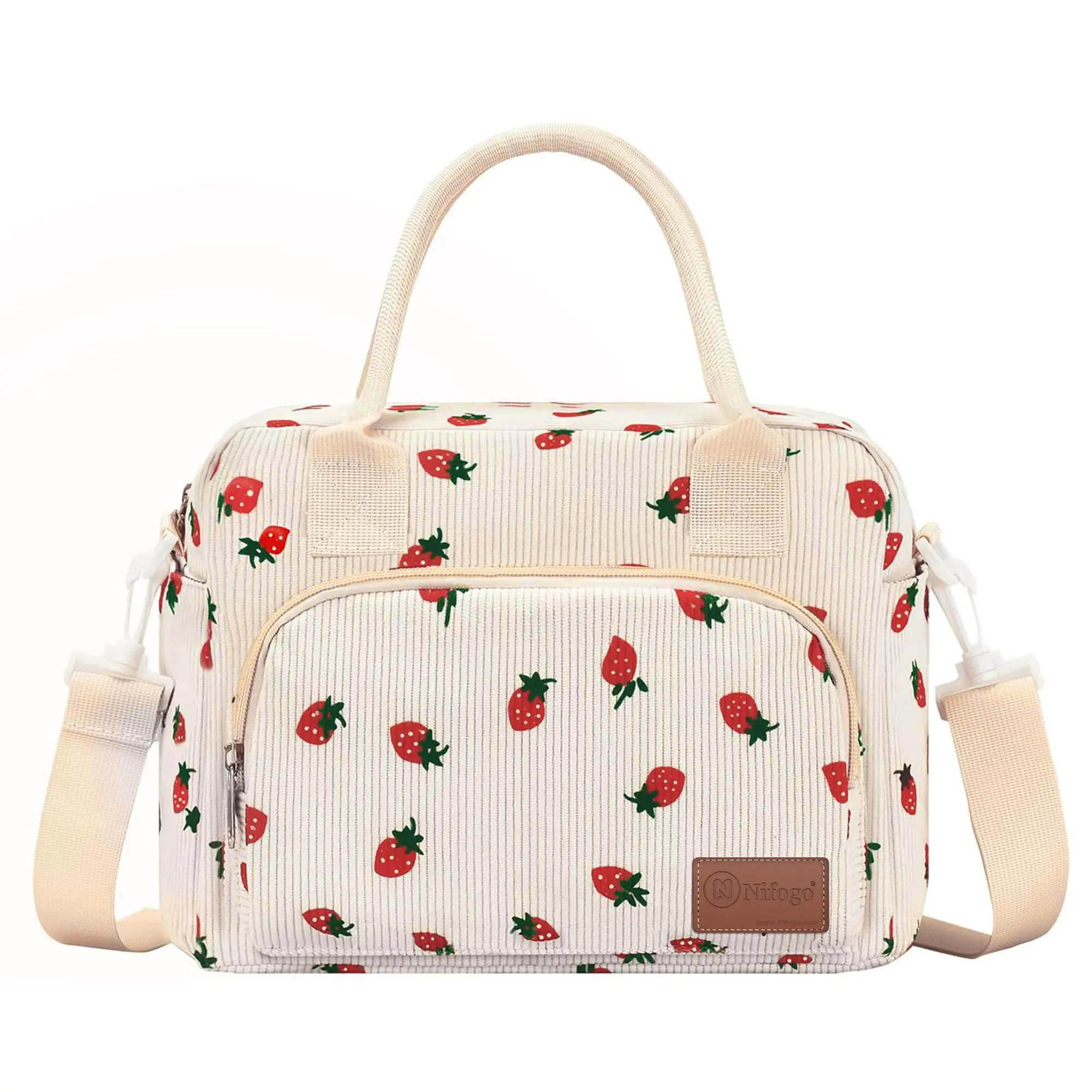 Nifogo Women's Cute Strawberry Corduroy Insulated Food Carrier - Multifunctional, 100% Waterproof, High-Capacity, Durable, Folding, Leakproof Cooler Tote with Front Pocket for Office, Picnics (Reusable Lunch Box for Food and Snacks)