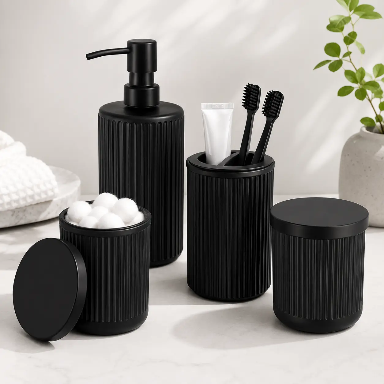 Matte Black 4-Pc Glass Bathroom Accessories Set with Soap Dispenser, Toothbrush Holder & Qtip Holder for Sink Use