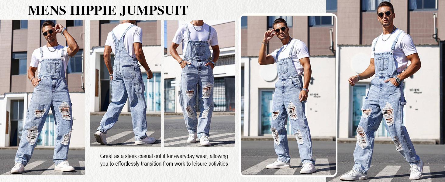 PASLTER Men's Denim Bib Overall Ripped Distressed Jean Casual Fashion Workwear Adjustable Strap Hip Hop Jumpsuit
