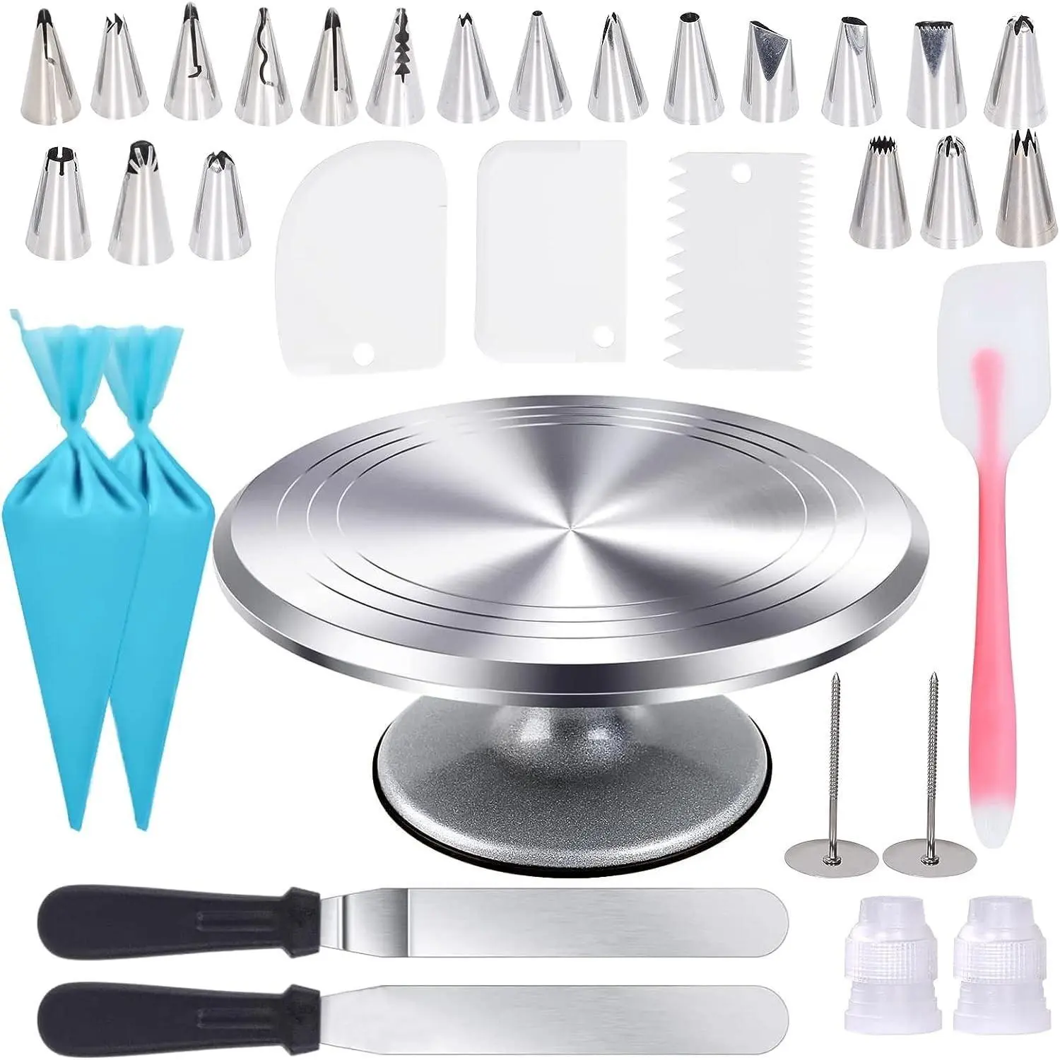 12 Inch Rotating Aluminium Cake Turntable, 33 Pcs Cake Decorating Supplies Baking Tools Kit with 20 Icing Tips, Piping Bags, 3 Icing Smoothers, Straight & Offset Spatula, Silicone Spatula