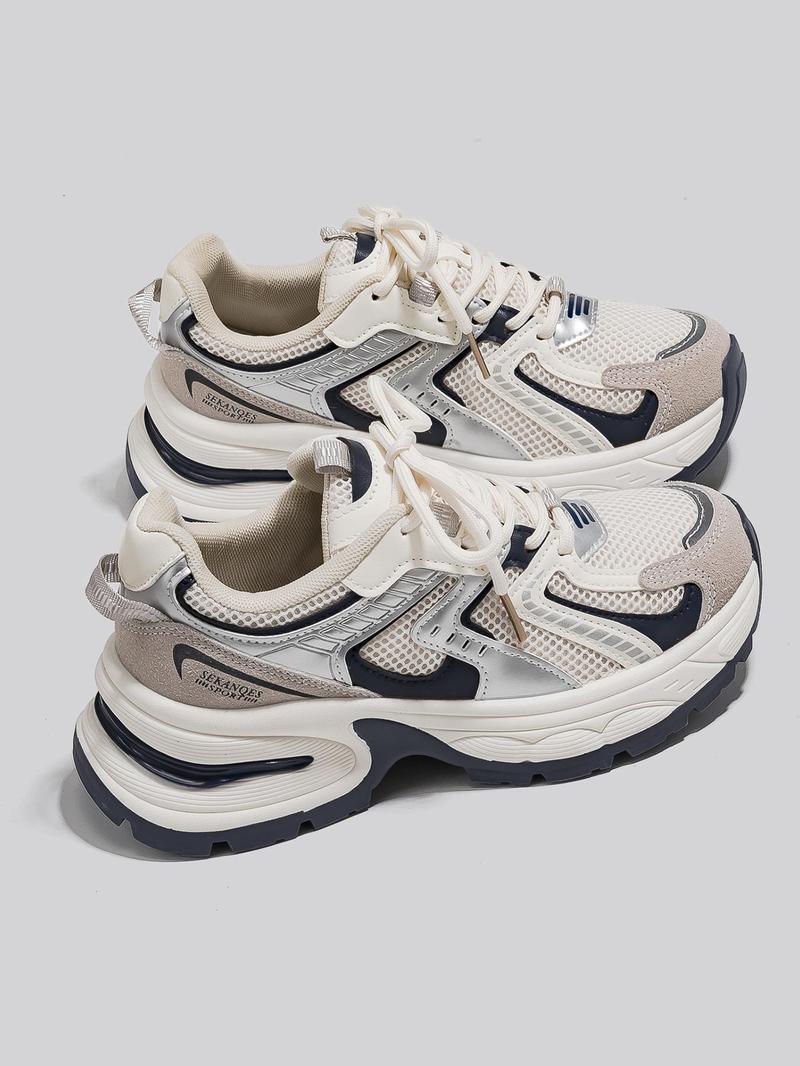 New Thick Sole Dad Shoes Fashion Casual Sporty Women's Breathable Height Increasing Sneakers, Round Toe, Low Top, All Seasons