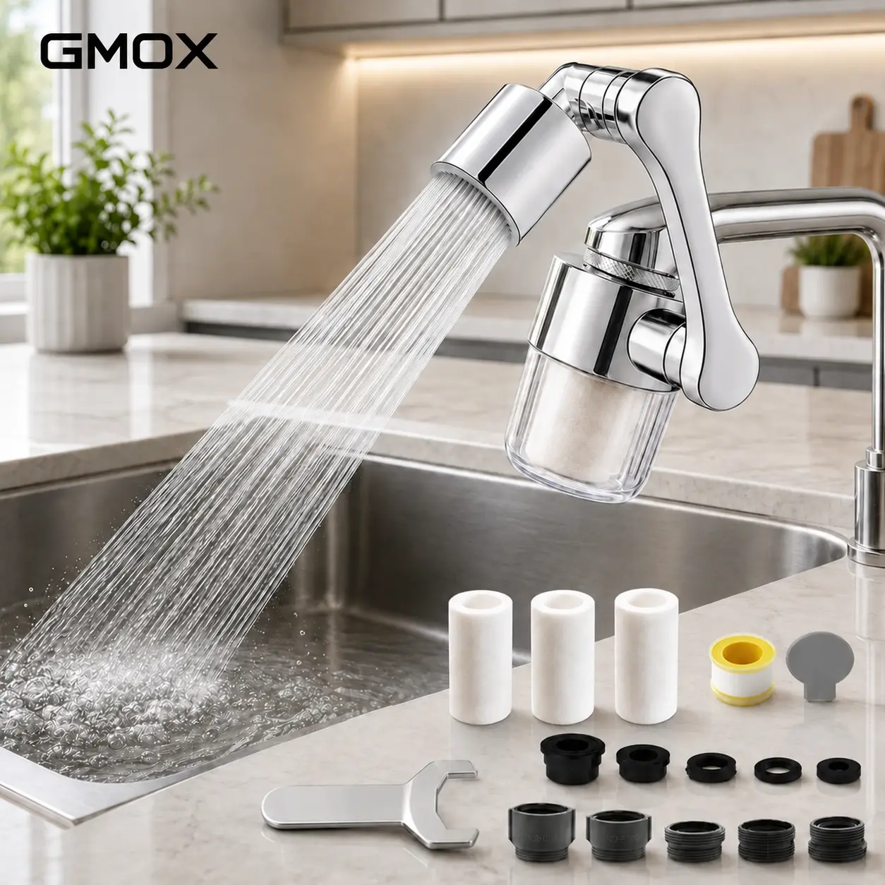 GMOX Anti-Splash Faucet Aerator Filter, 1440° Rotatable Swivel Tap Aerator with 3 Replacement Filters, Clear Shell Universal Fit Easy Install for Kitchen Bathroom Sink Faucet