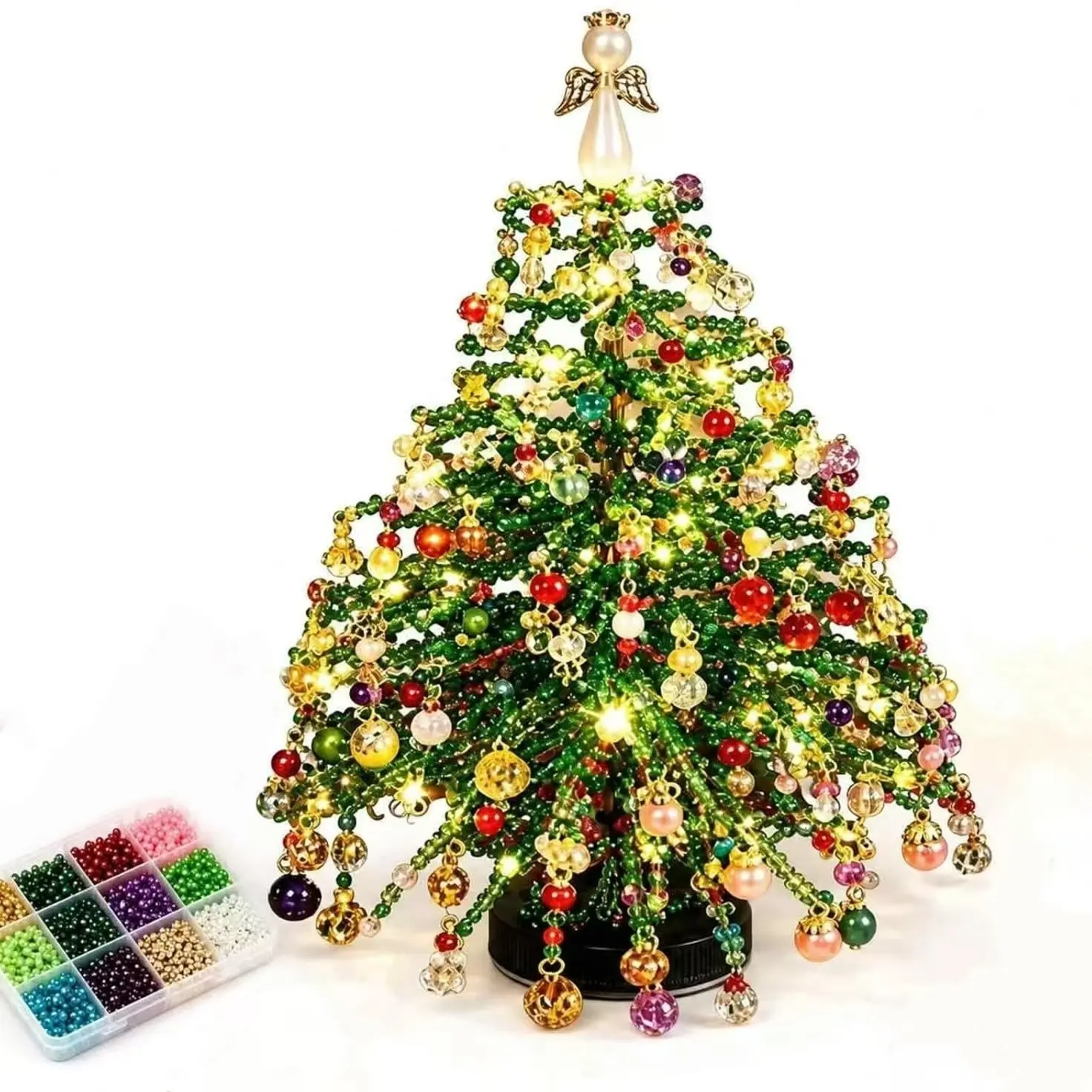 DIY Beaded Christmas Tree Kit, Crystal Holiday Craft Set for Adults | Colorful Beads, Ornament Charms, Metal Frame, Angel Topper, Warm Glow Display, Tabletop Decor, Relaxing Project,Christmas Gifts