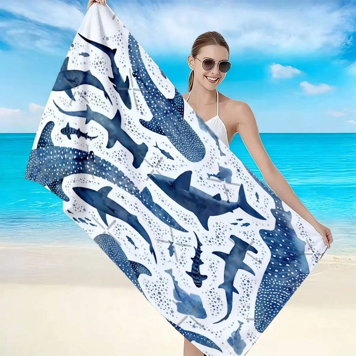 Deep Sea Shark Beach Towel, High Weight Quick Dry Fabric, Soft Skin-Friendly, Absorbent and Fast Drying, Anti-Wrinkle Easy Clean