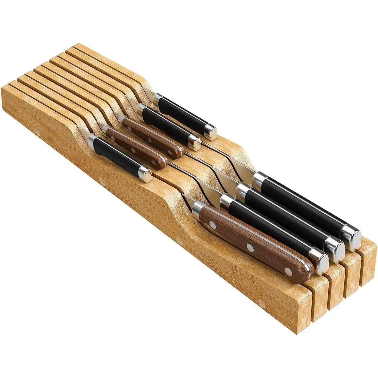 Bamboo In-Drawer Knife Block for 9 Knives (Not Included), Kitchen Knife Drawer Organizer Countertop Knife Storage Holder