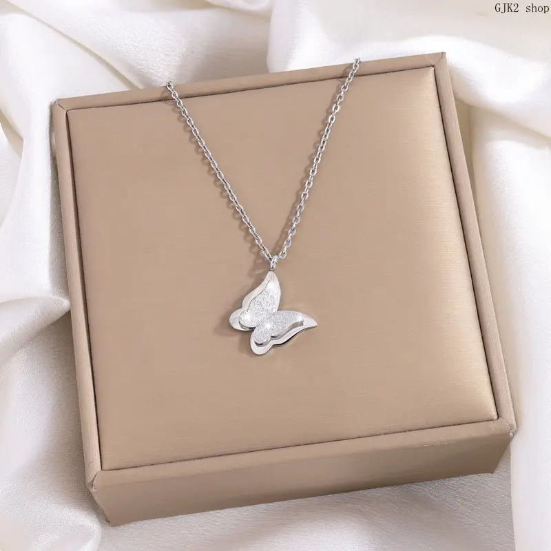 Silver Tone Double Layer Frosted Butterfly Pendant Necklace, Dainty Stainless Steel Chain Minimalist Women Jewelry