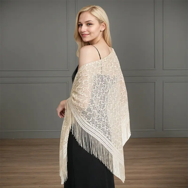 Lace Hollow Triangle Fashion Shawl Wrap With Fringe Detail, Elegant Casual Soft Comfortable Shawl, Versatile Scarf Head Wrap For Dinner Party Daily Matching sohochic
